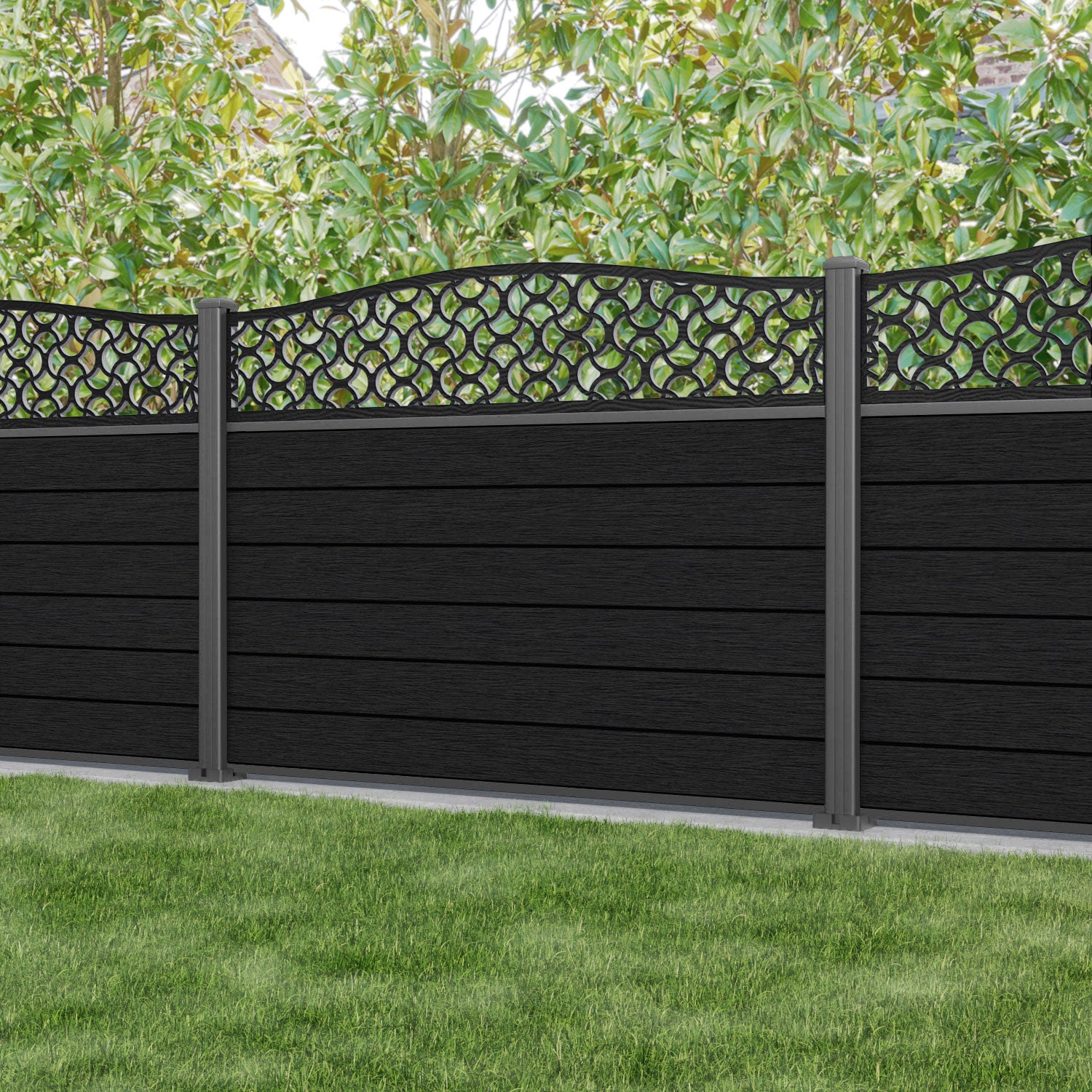 Fusion Vida Curved Top Fence Panel - Black - with our aluminium posts