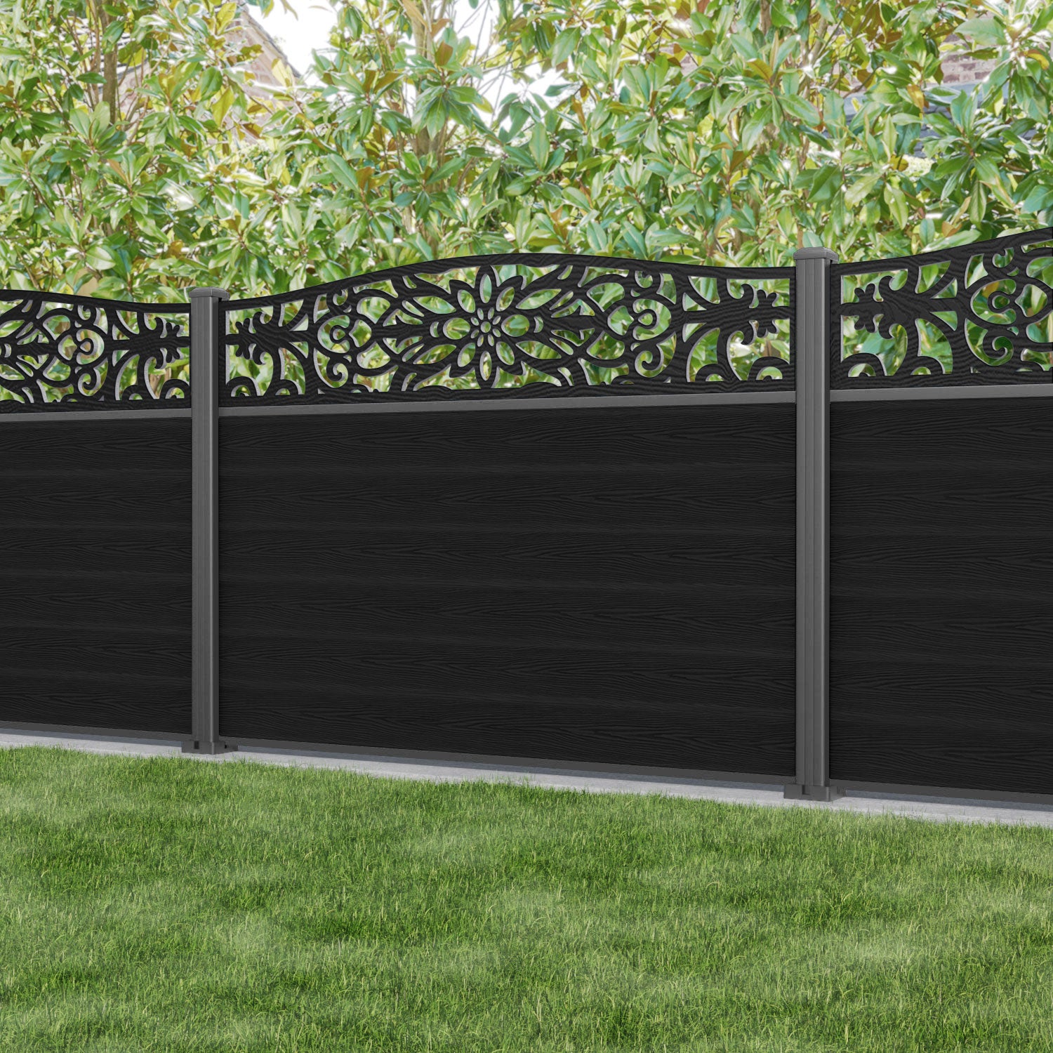 Classic Windsor Curved Top Fence Panel - Black - with our aluminium posts
