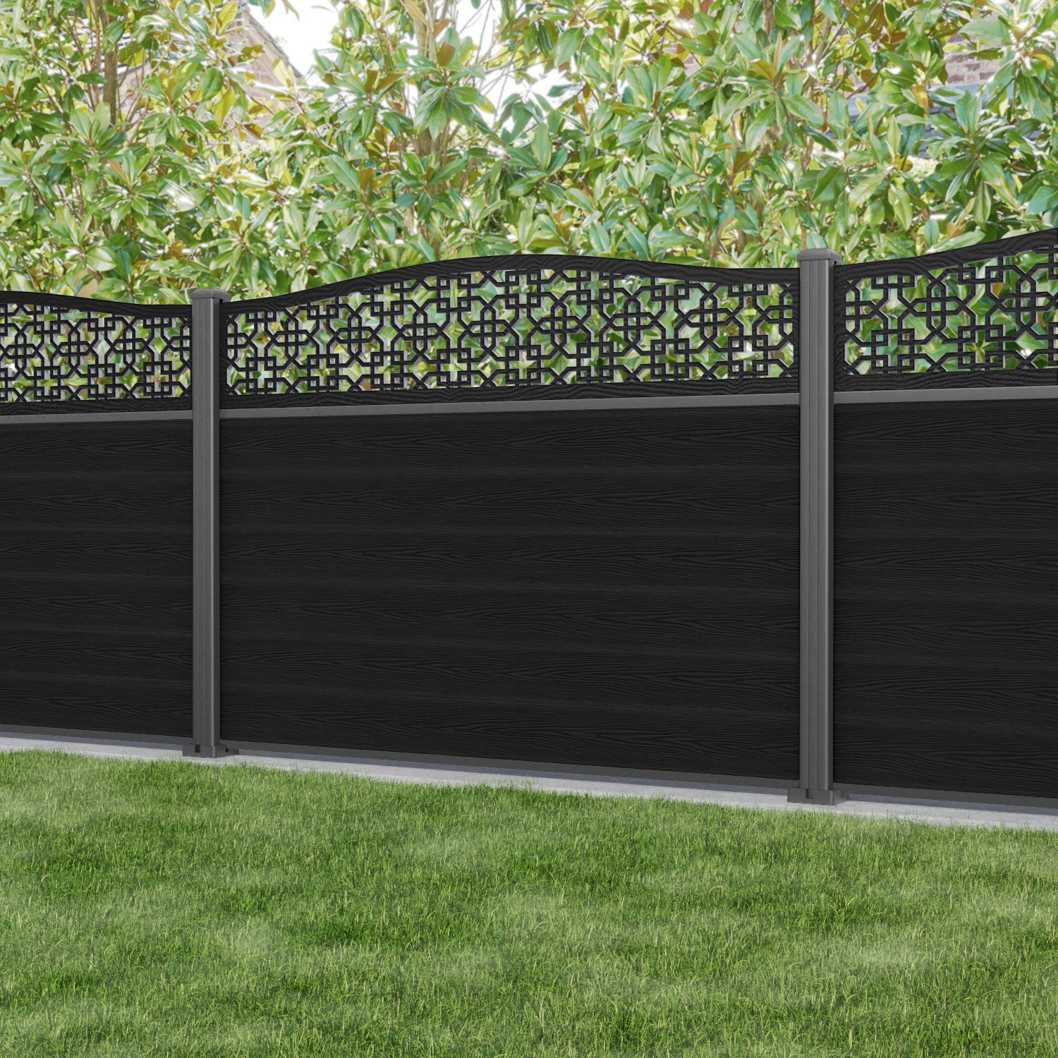 Classic Zaria Curved Top Fence Panel - Black - with our aluminium posts