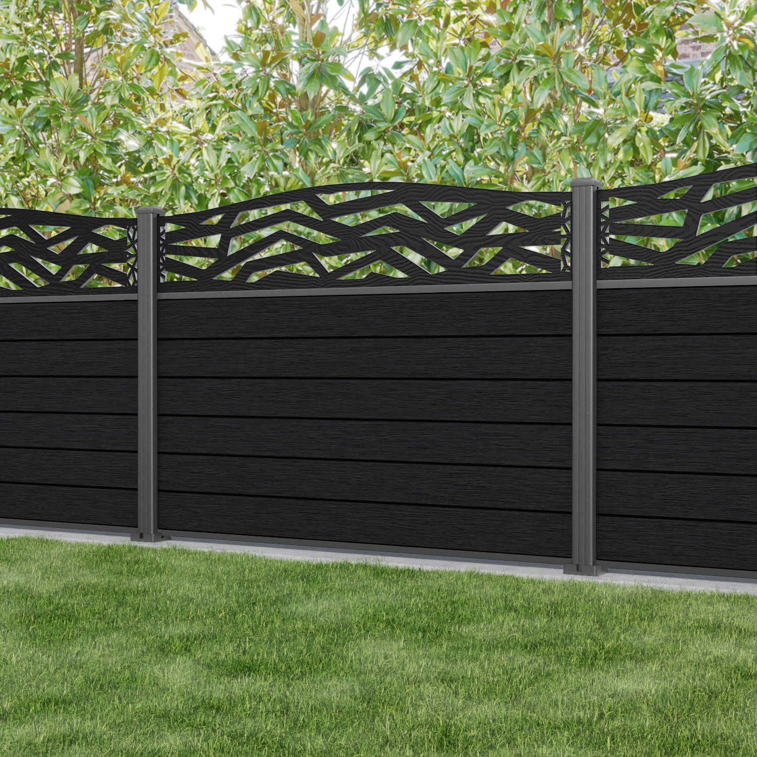 Fusion Zenith Curved Top Fence Panel - Black - with our aluminium posts