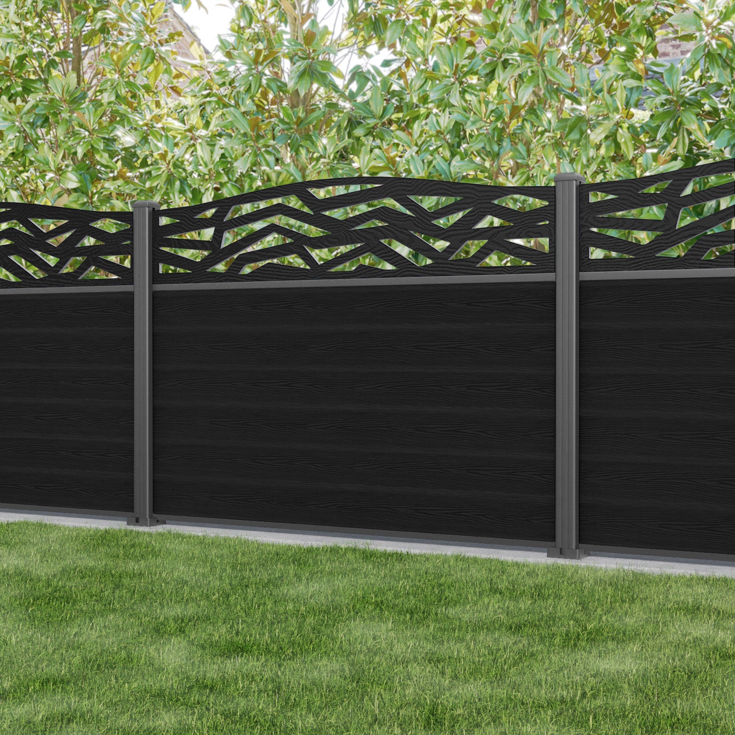 Classic Zenith Curved Top Fence Panel - Black - with our aluminium posts