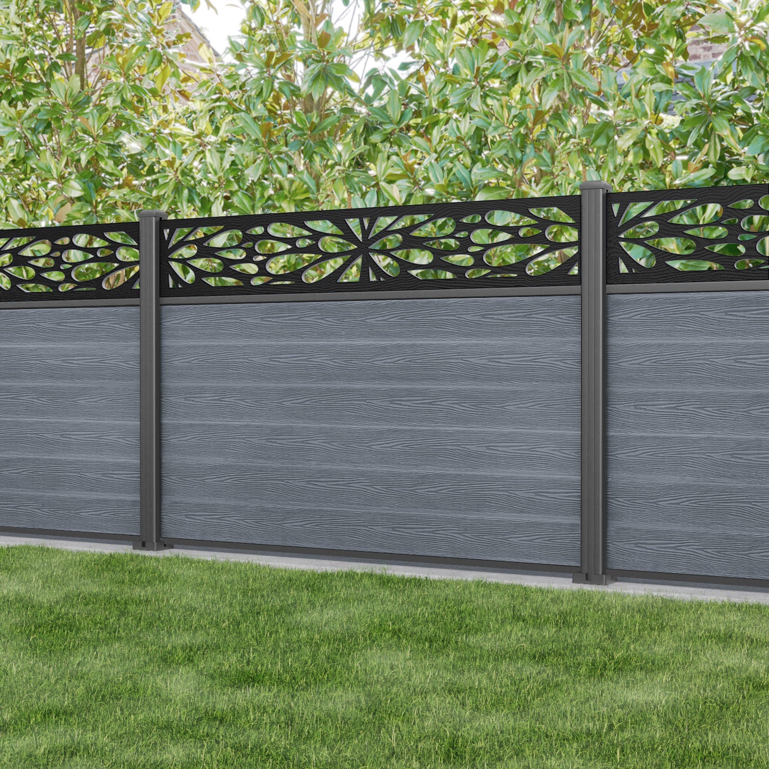 Classic Blossom Fence Panel - Anthracite - with our aluminium posts