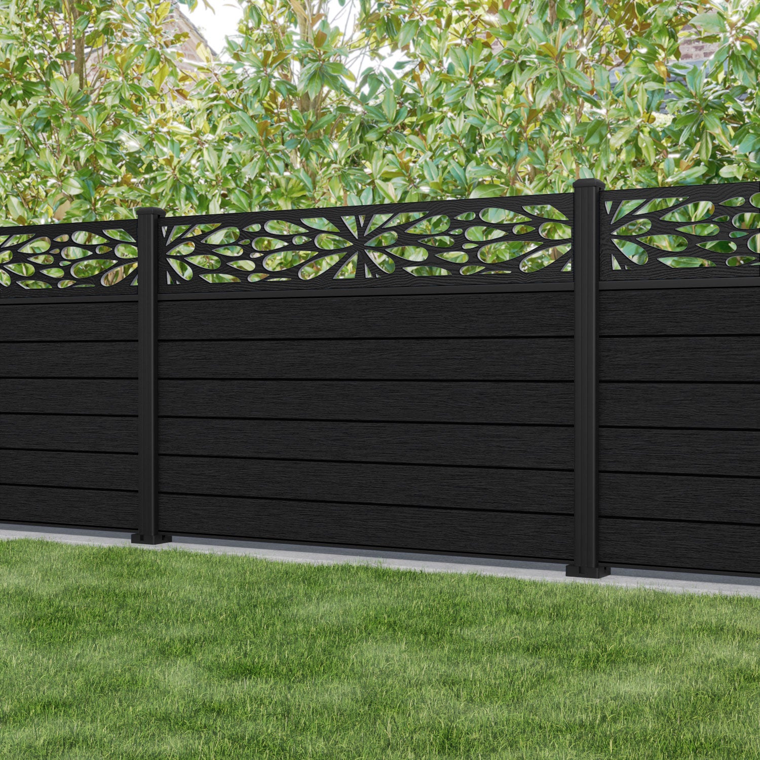 Fusion Blossom Fence Panel - Black - with our aluminium posts
