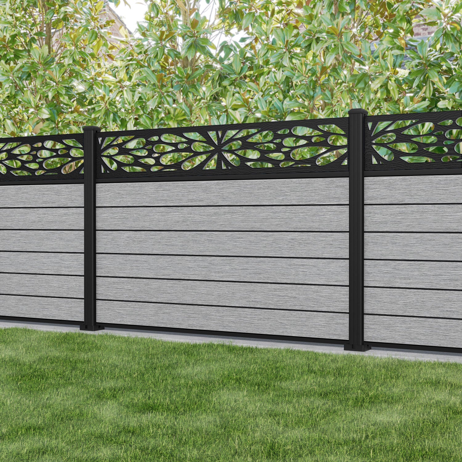 Fusion Blossom Fence Panel - Light Grey - with our aluminium posts