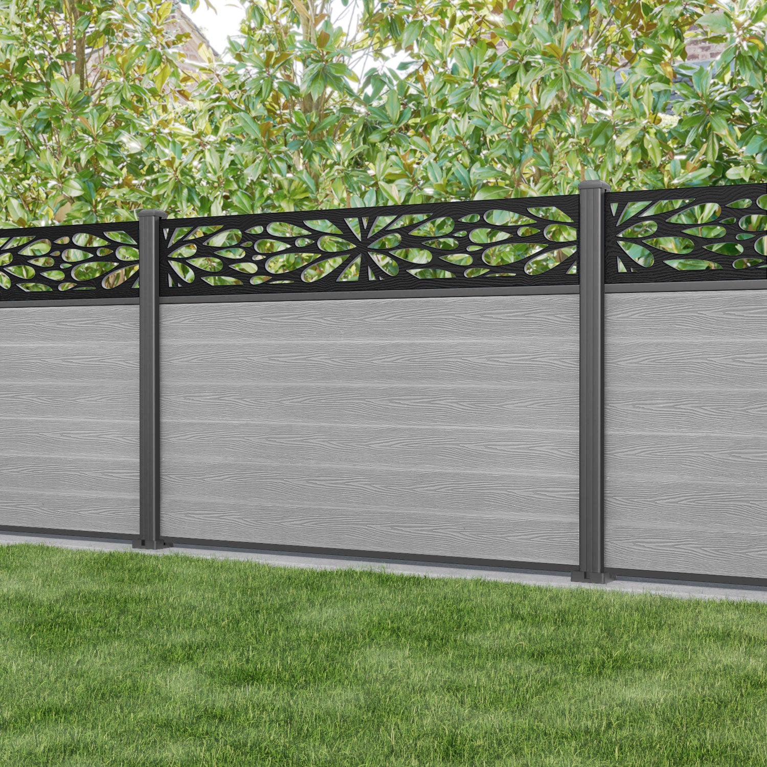 Classic Blossom Fence Panel - Light Grey - with our aluminium posts
