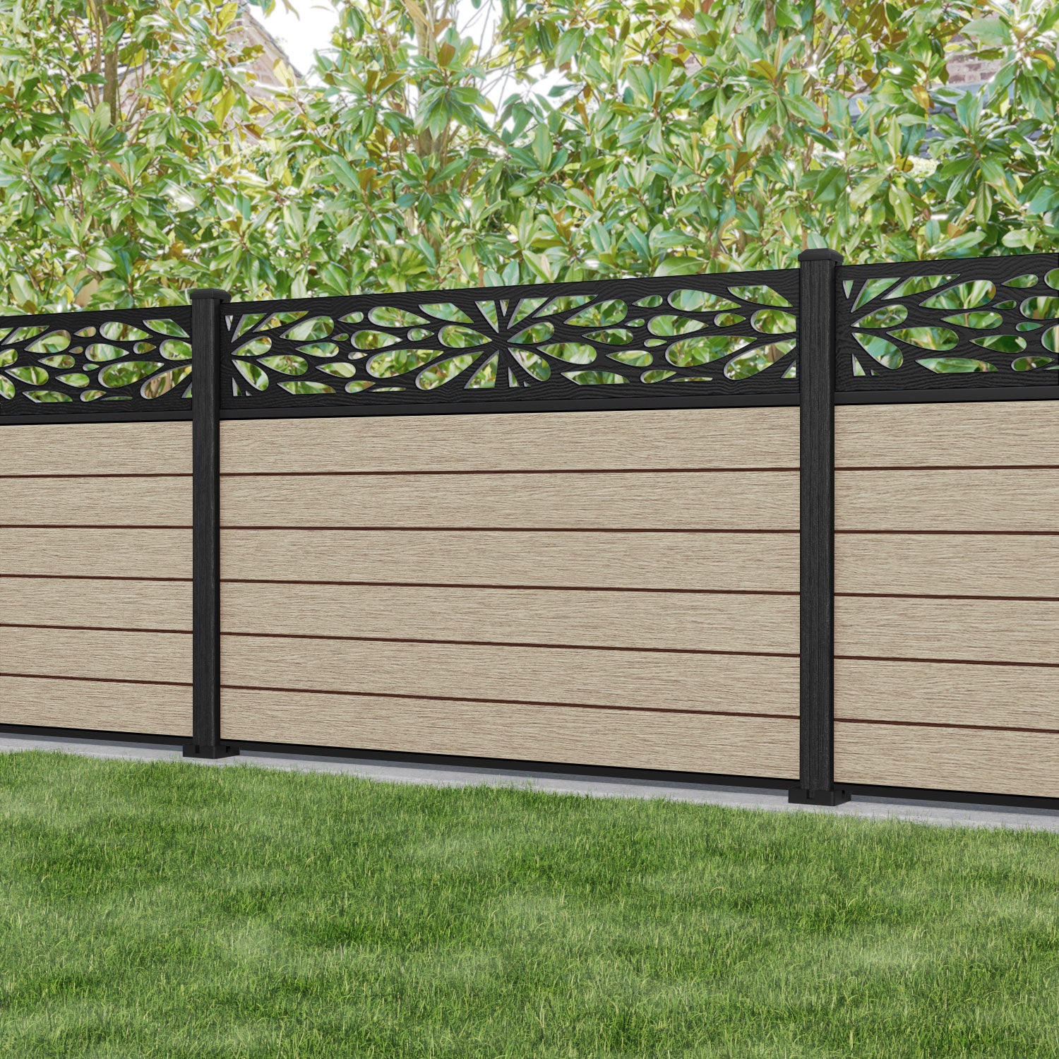 Fusion Blossom Fence Panel - Light Oak - with our composite posts