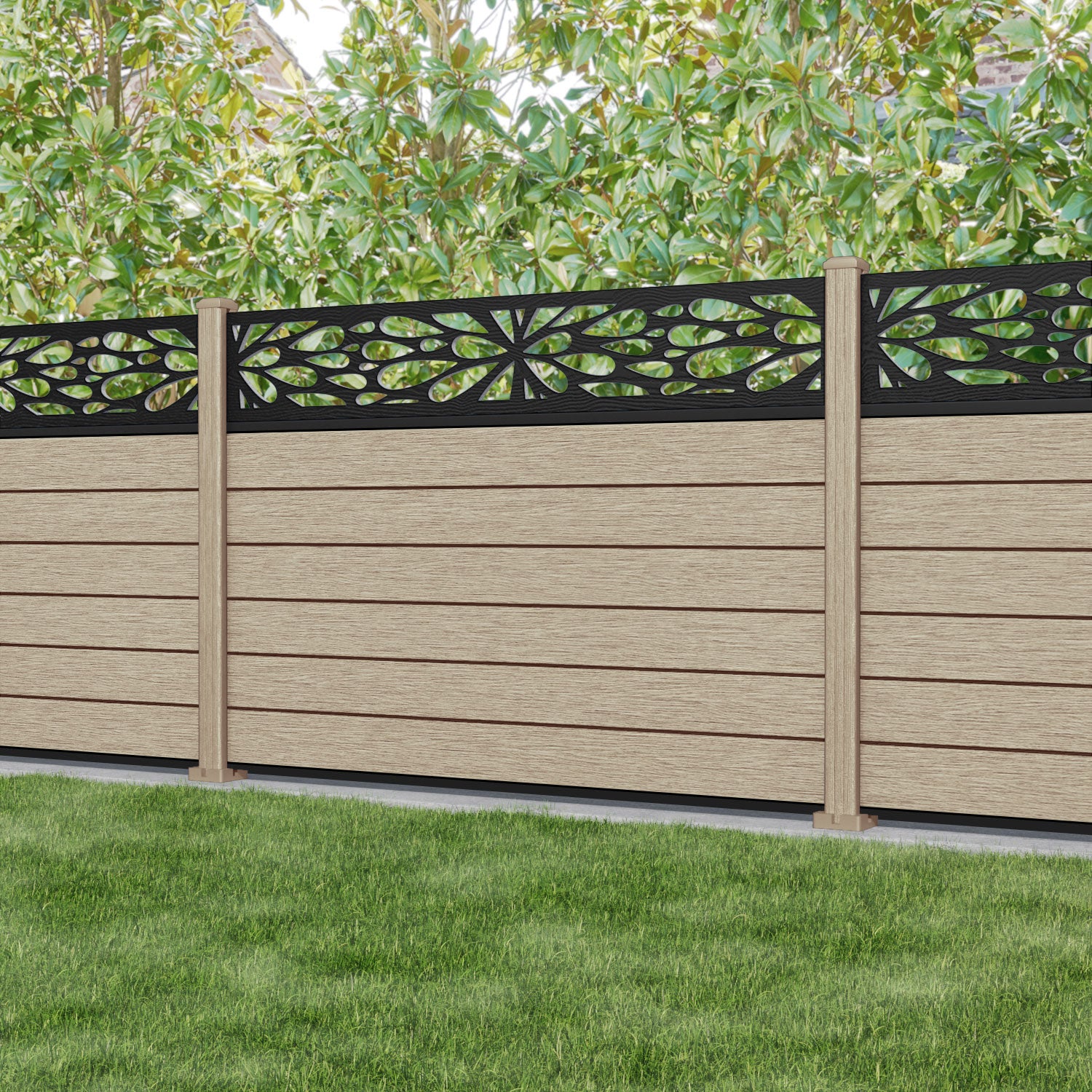 Fusion Blossom Fence Panel - Light Oak - with our composite posts