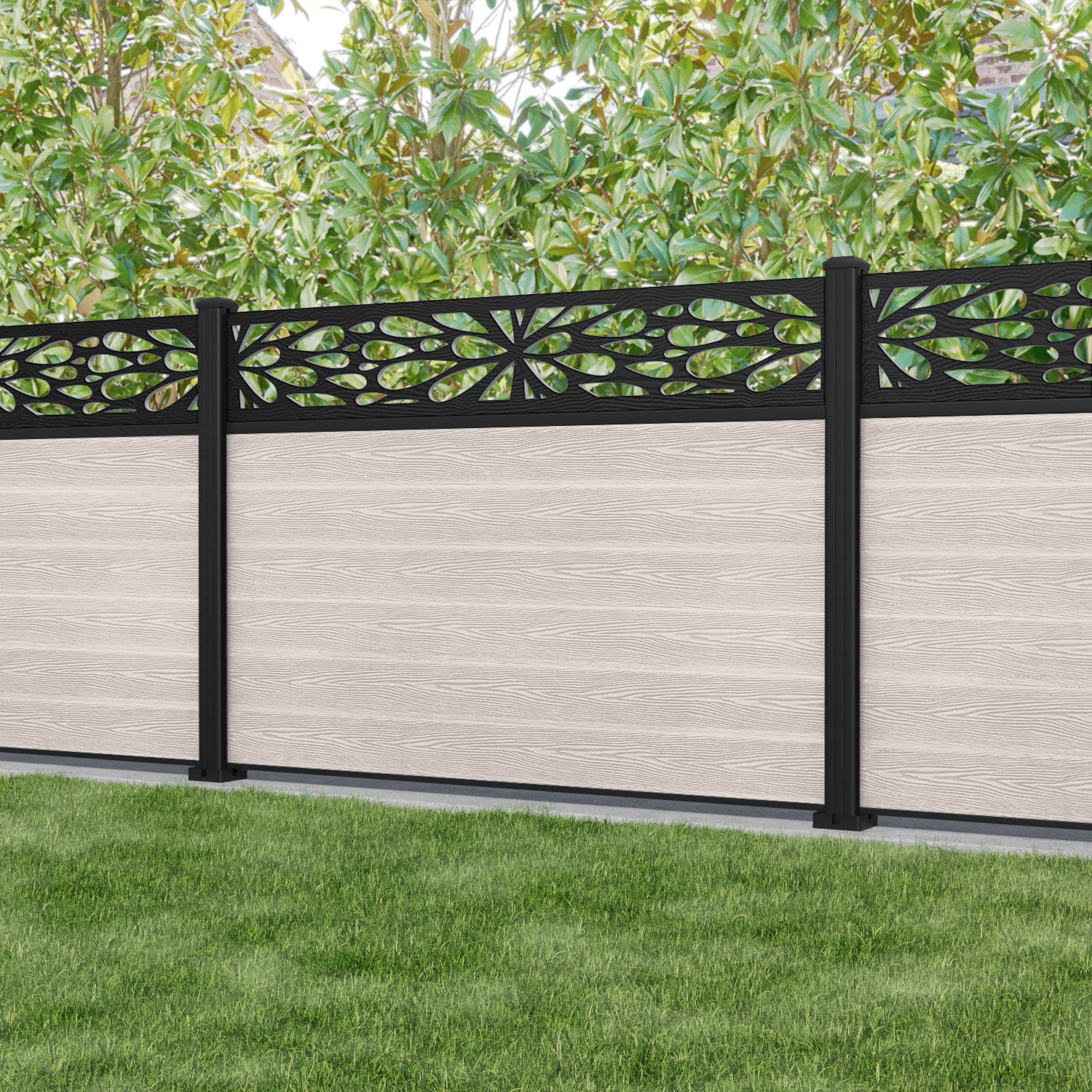 Classic Blossom Fence Panel - Mid Stone - with our aluminium posts
