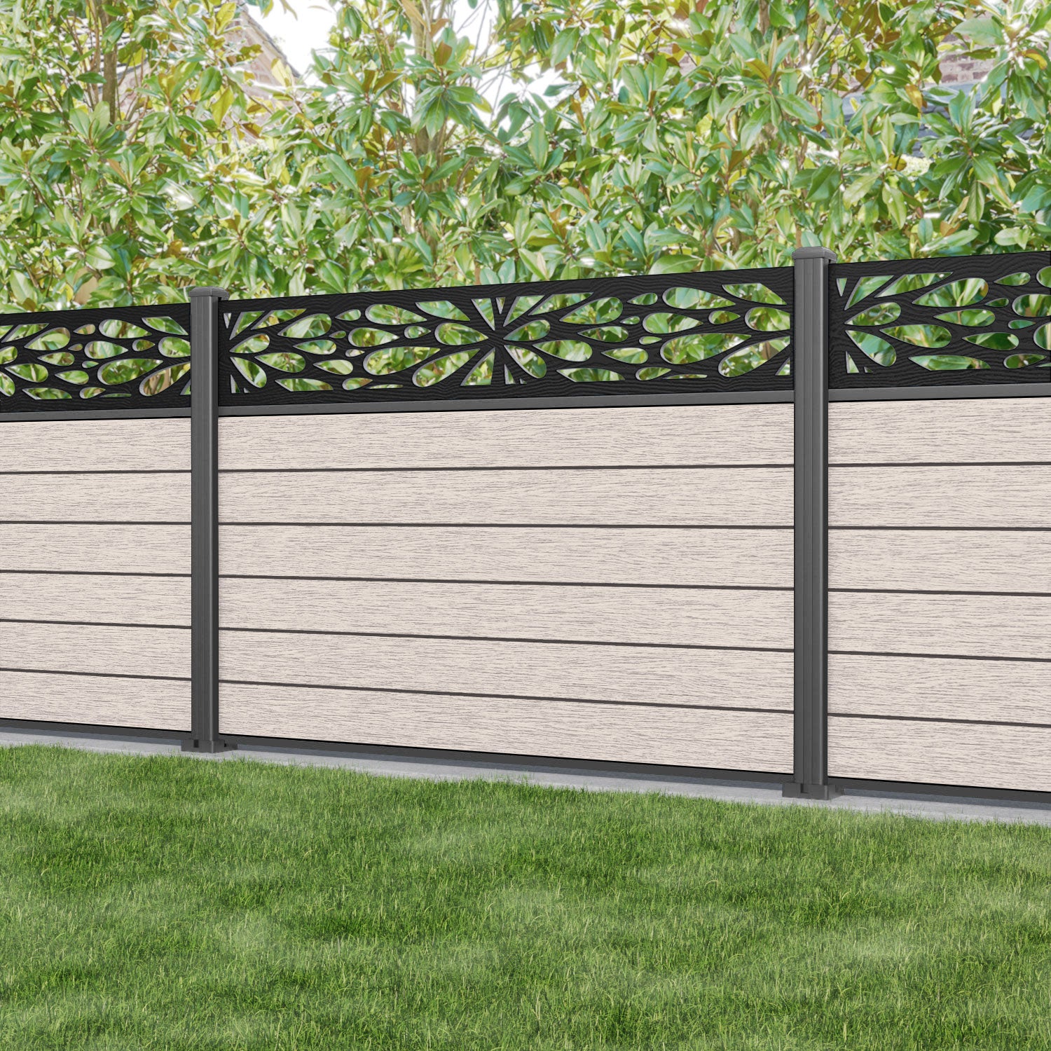 Fusion Blossom Fence Panel - Mid Stone - with our aluminium posts