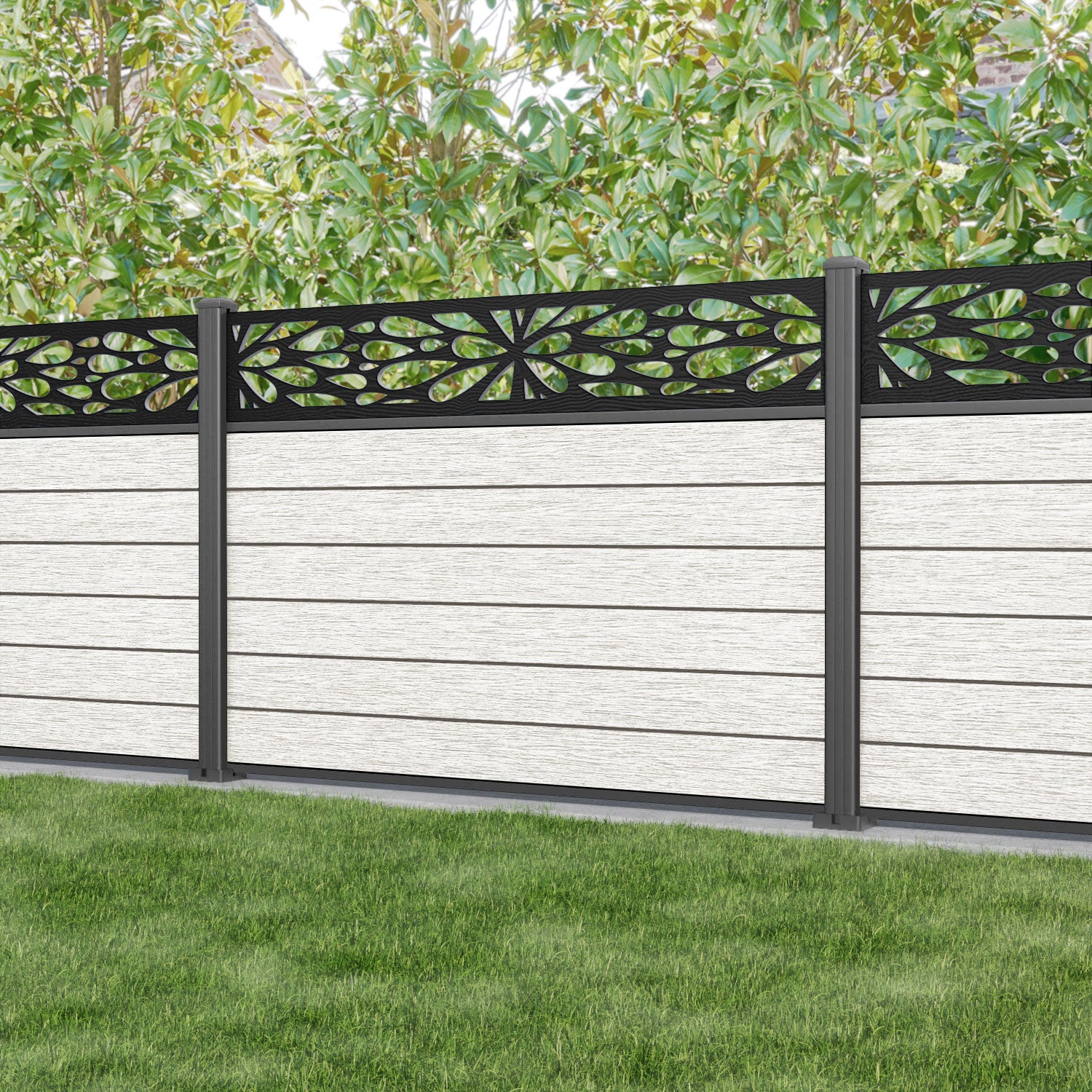 Fusion Blossom Fence Panel - Light Stone - with our aluminium posts