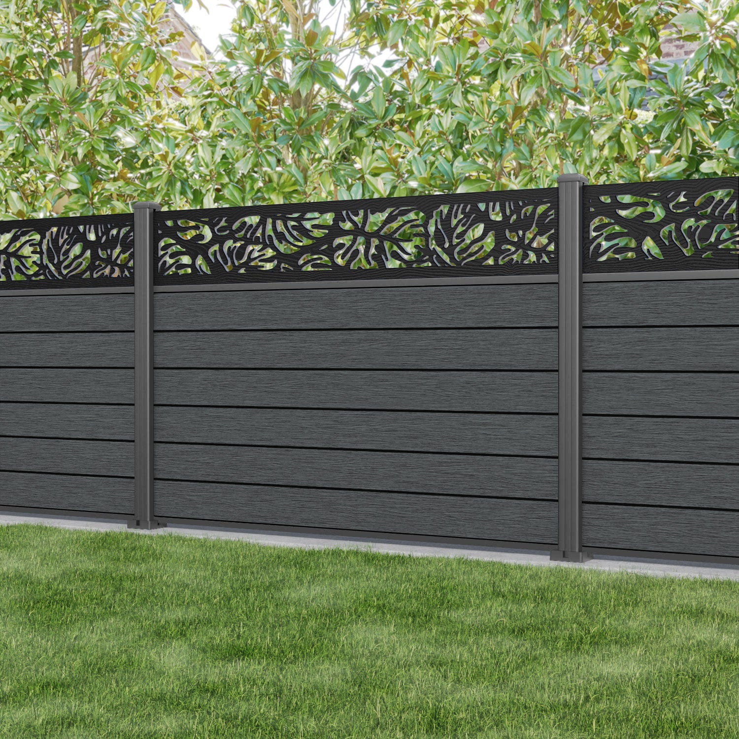 Fusion Botanic Fence Panel - Dark Grey - with our aluminium posts