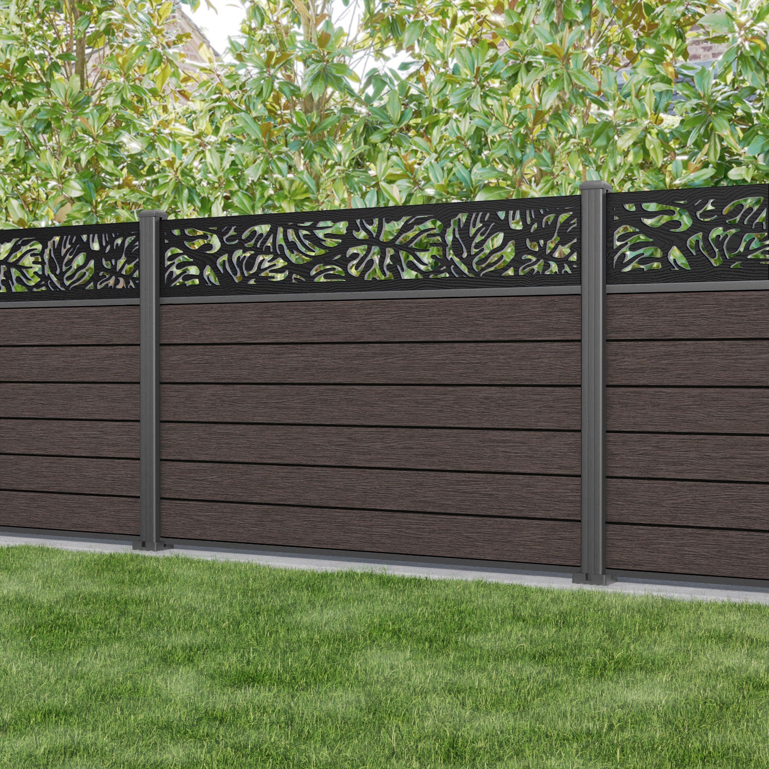 Fusion Botanic Fence Panel - Mid Brown - with our aluminium posts