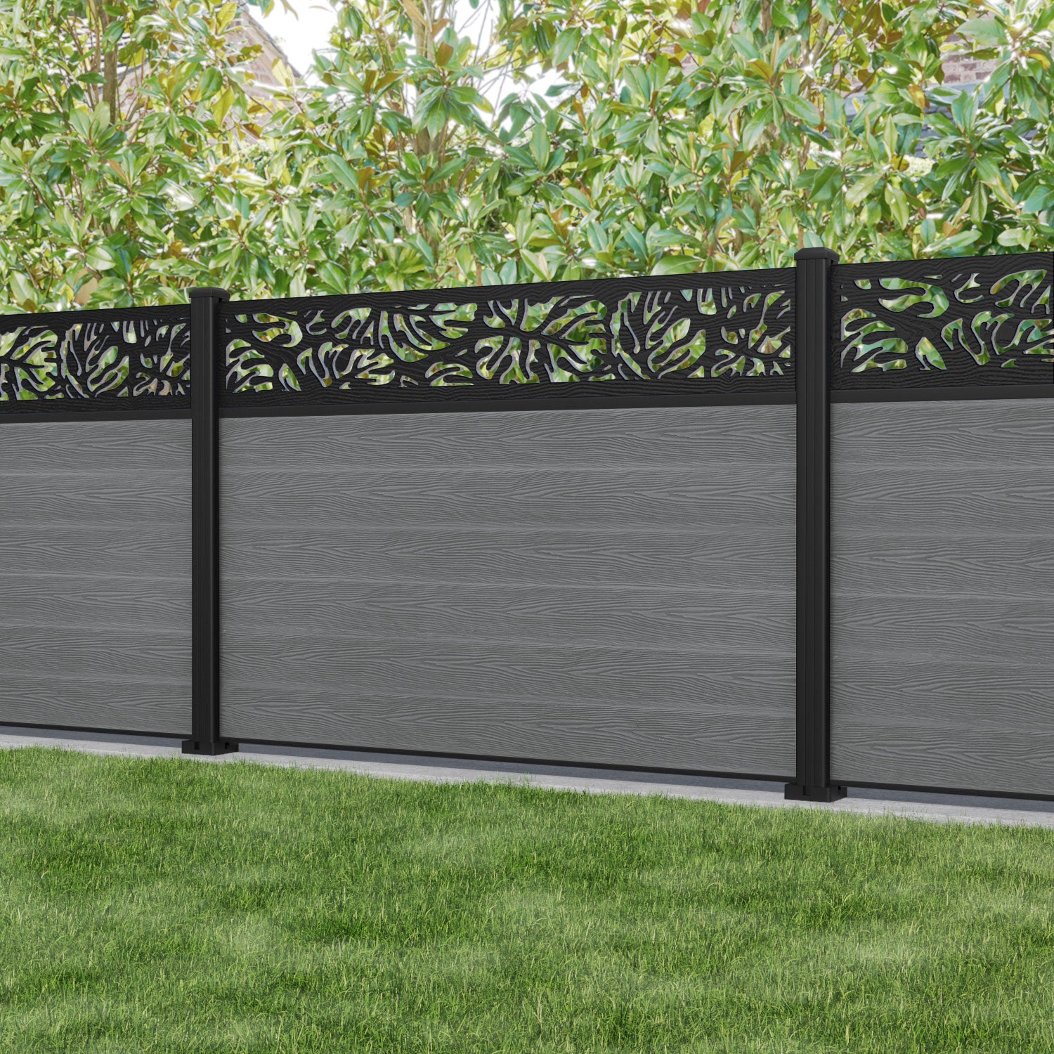 Classic Botanic Fence Panel - Mid Grey - with our aluminium posts