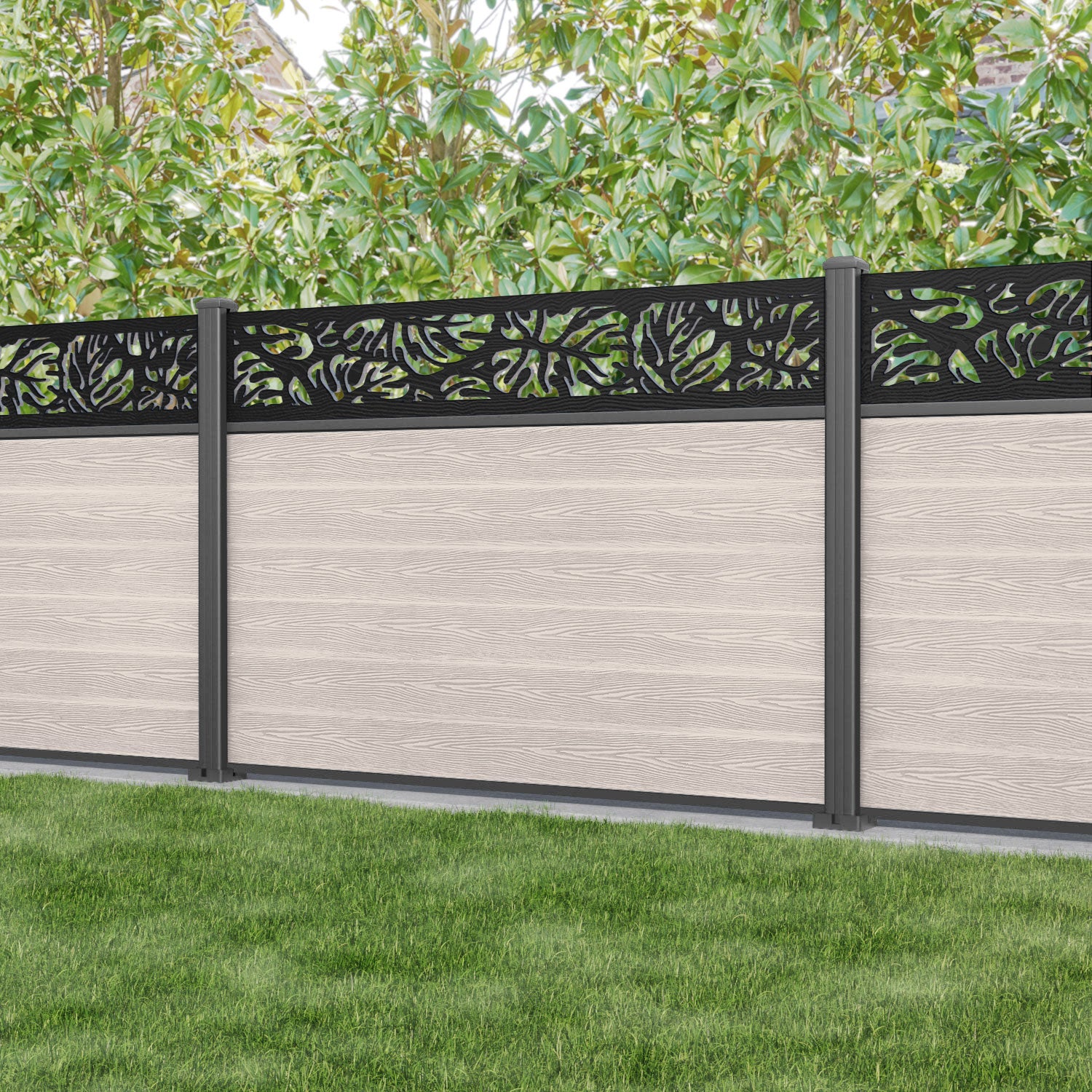 Classic Botanic Fence Panel - Mid Stone - with our aluminium posts