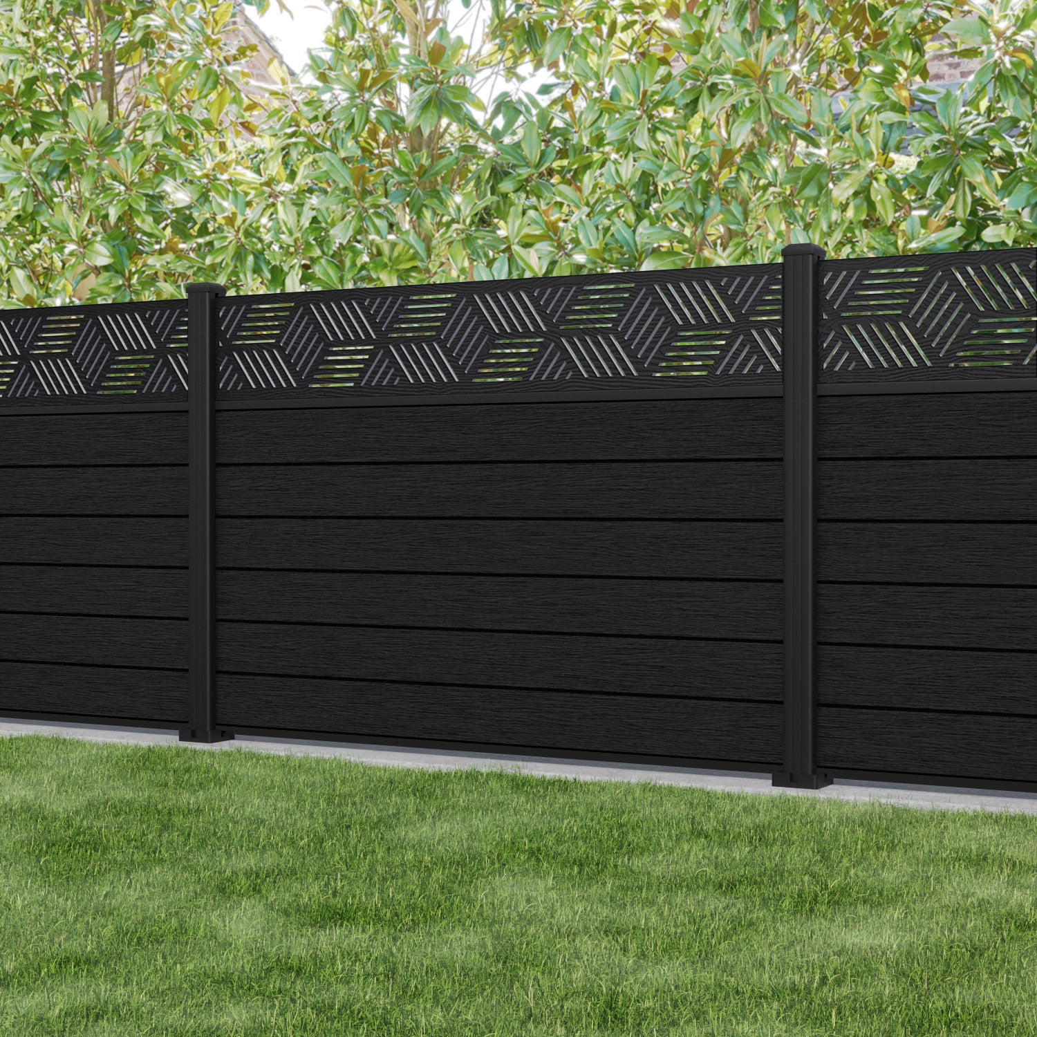 Fusion Cubed Fence Panel - Black - with our aluminium posts