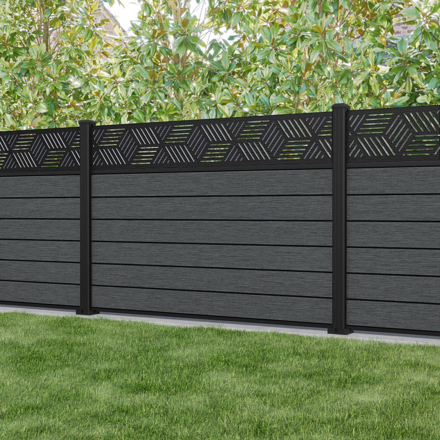 Fusion Cubed Fence Panel - Dark Grey - with our aluminium posts