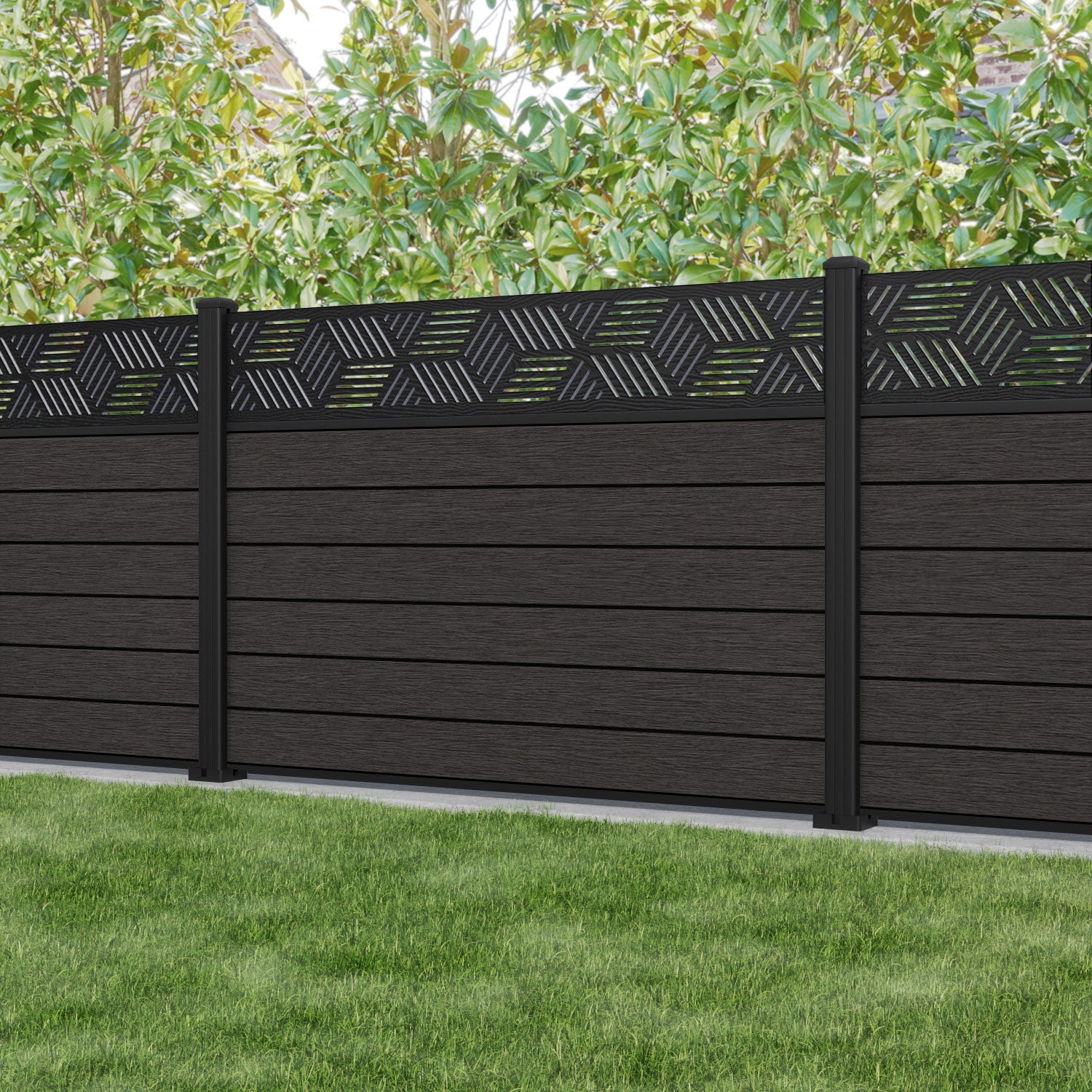 Fusion Cubed Fence Panel - Dark Oak - with our aluminium posts