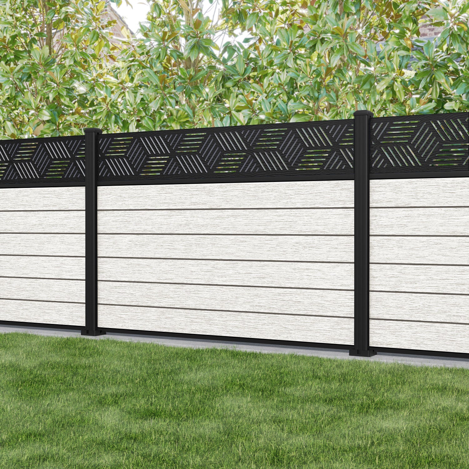 Fusion Cubed Fence Panel - Light Stone - with our aluminium posts