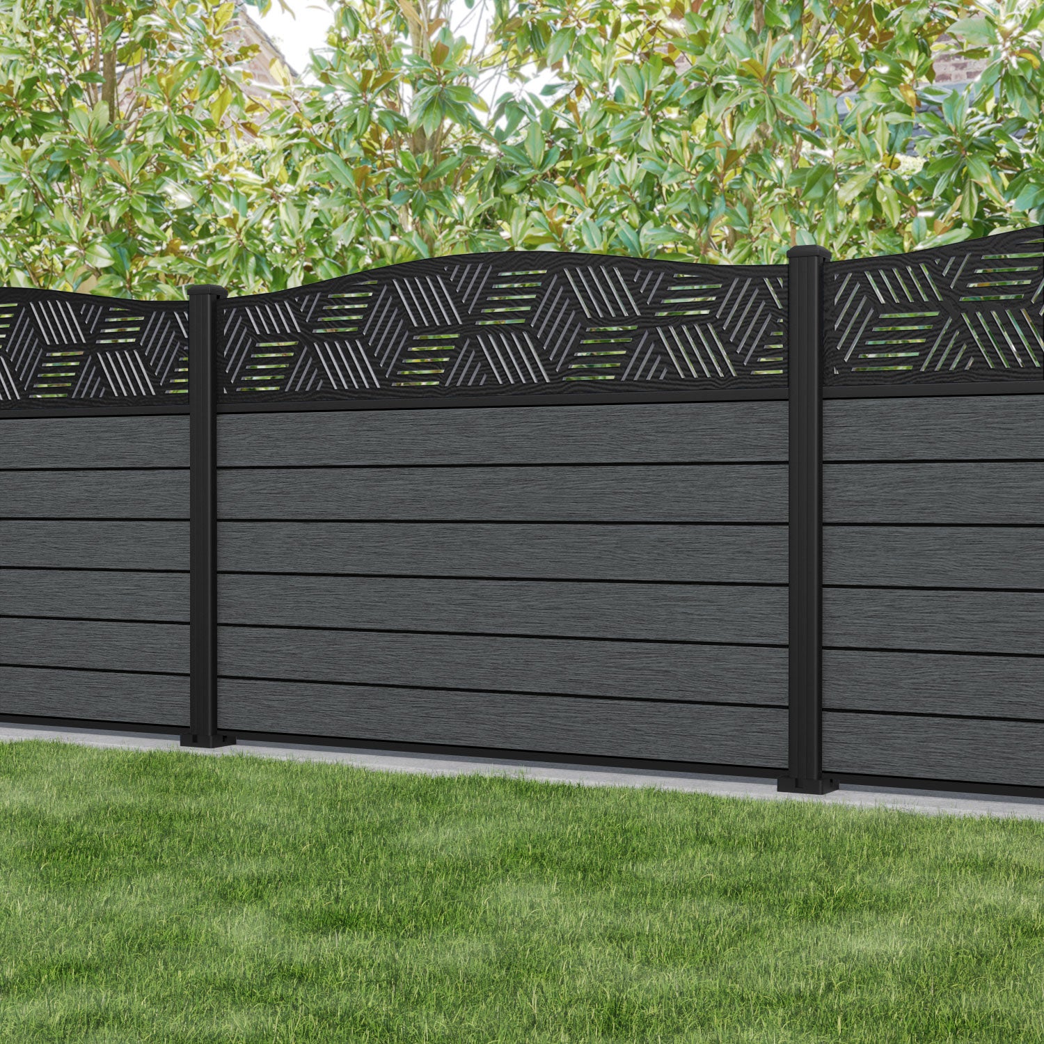 Fusion Cubed Curved Top Fence Panel - Dark Grey - with our aluminium posts