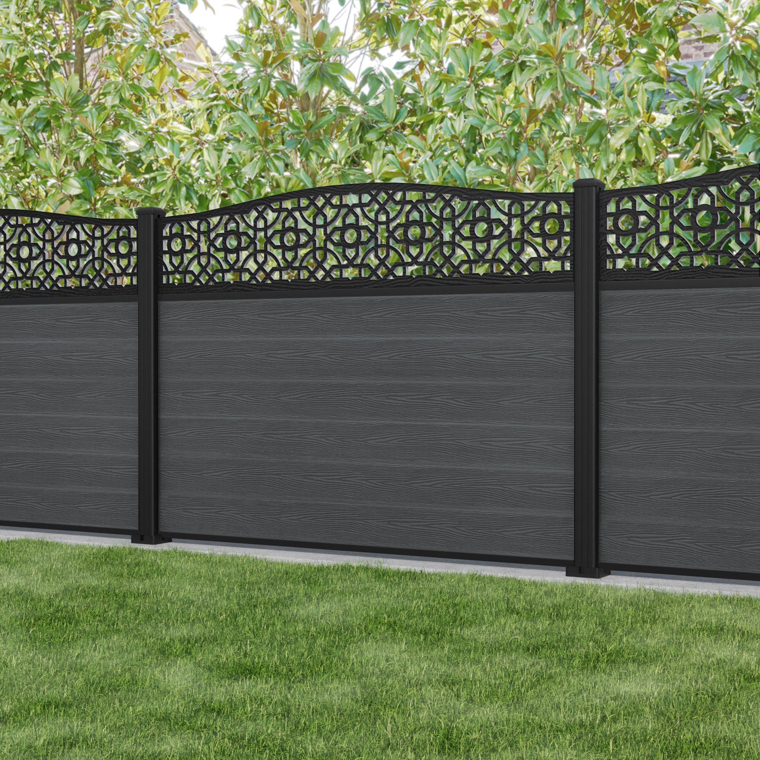 Fusion Nabila Curved Top Fence Panel - Dark Grey - with our aluminium posts