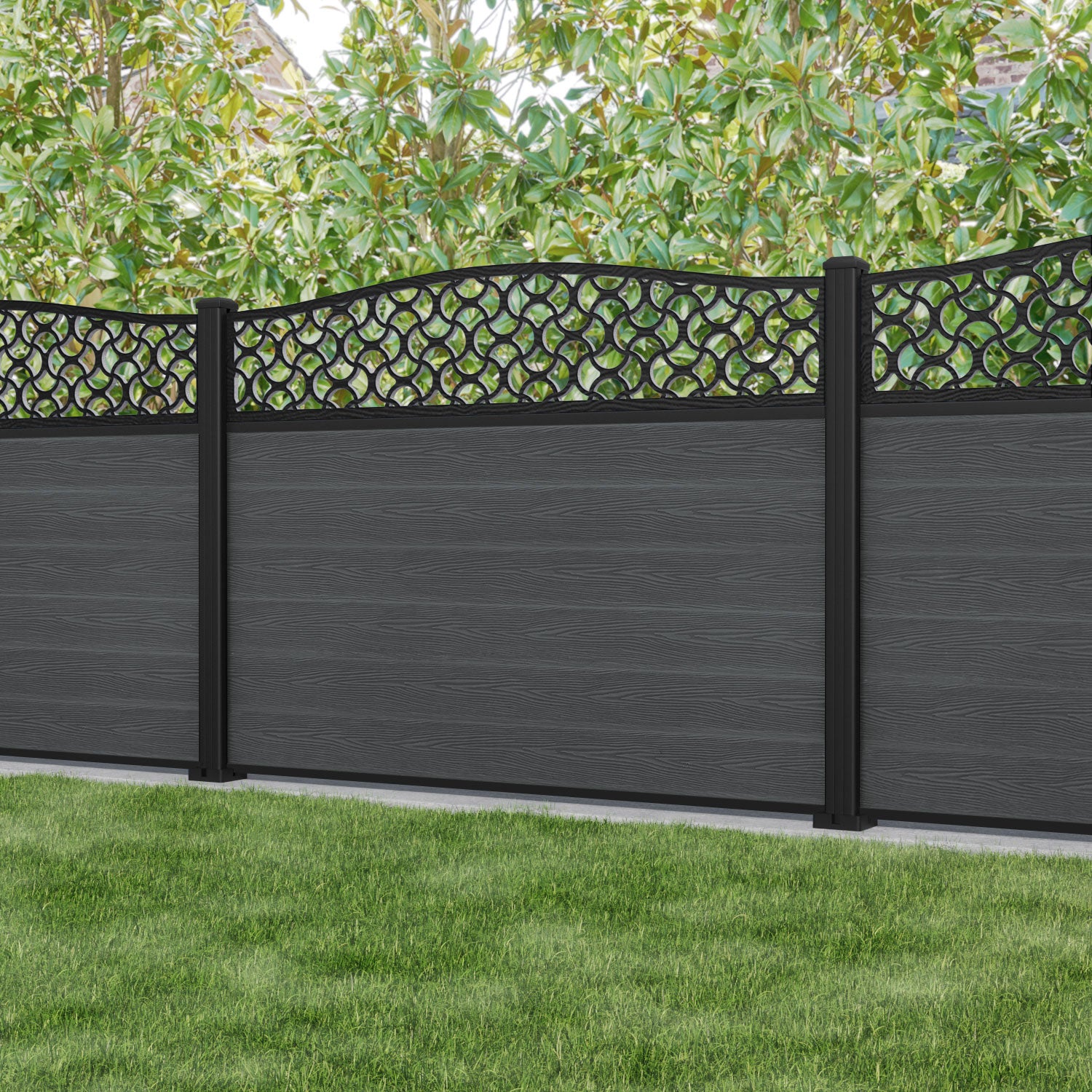 Fusion Vida Curved Top Fence Panel - Dark Grey - with our aluminium posts