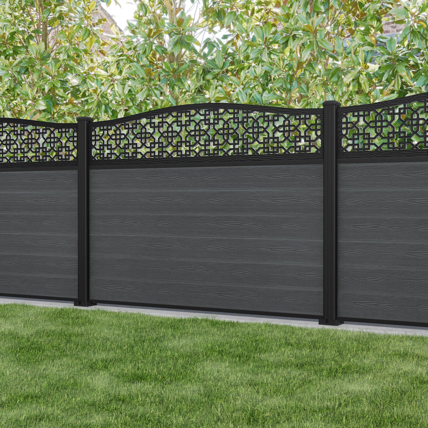 Fusion Zaria Curved Top Fence Panel - Dark Grey - with our aluminium posts