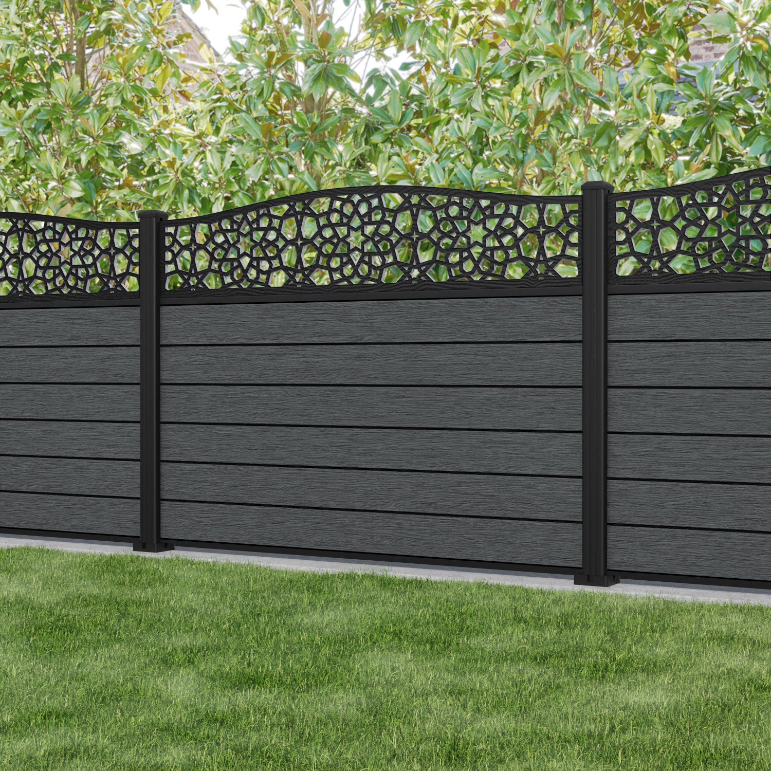 Fusion Nazira Curved Top Fence Panel - Dark Grey - with our aluminium posts
