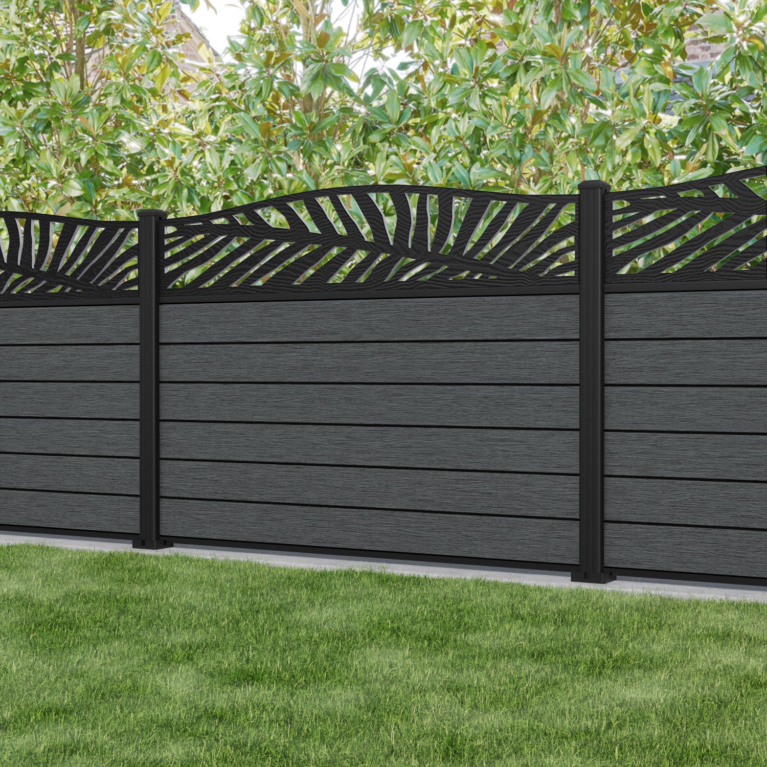 Fusion Palm Curved Top Fence Panel - Dark Grey - with our aluminium posts