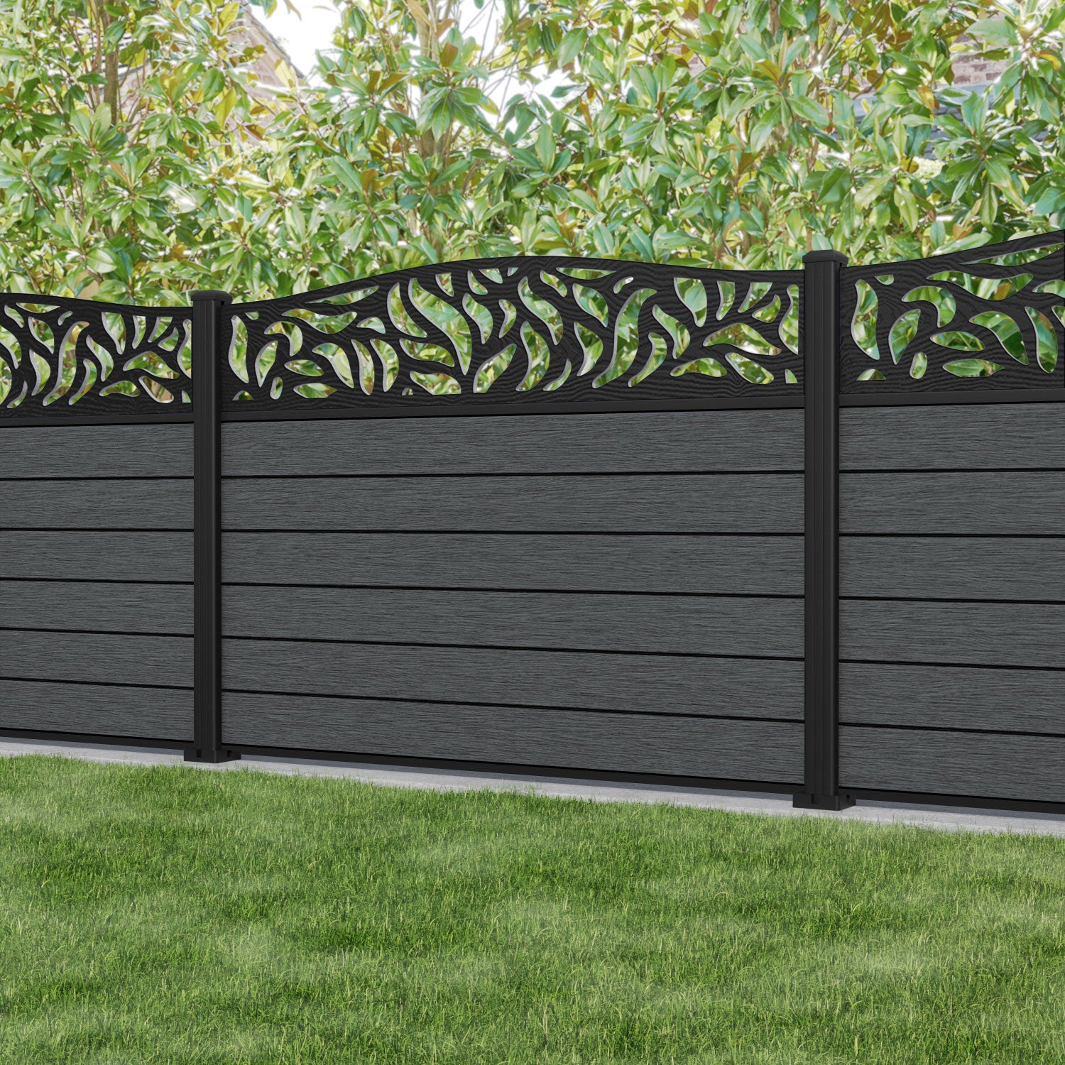 Fusion Plume Curved Top Fence Panel - Dark Grey - with our aluminium posts