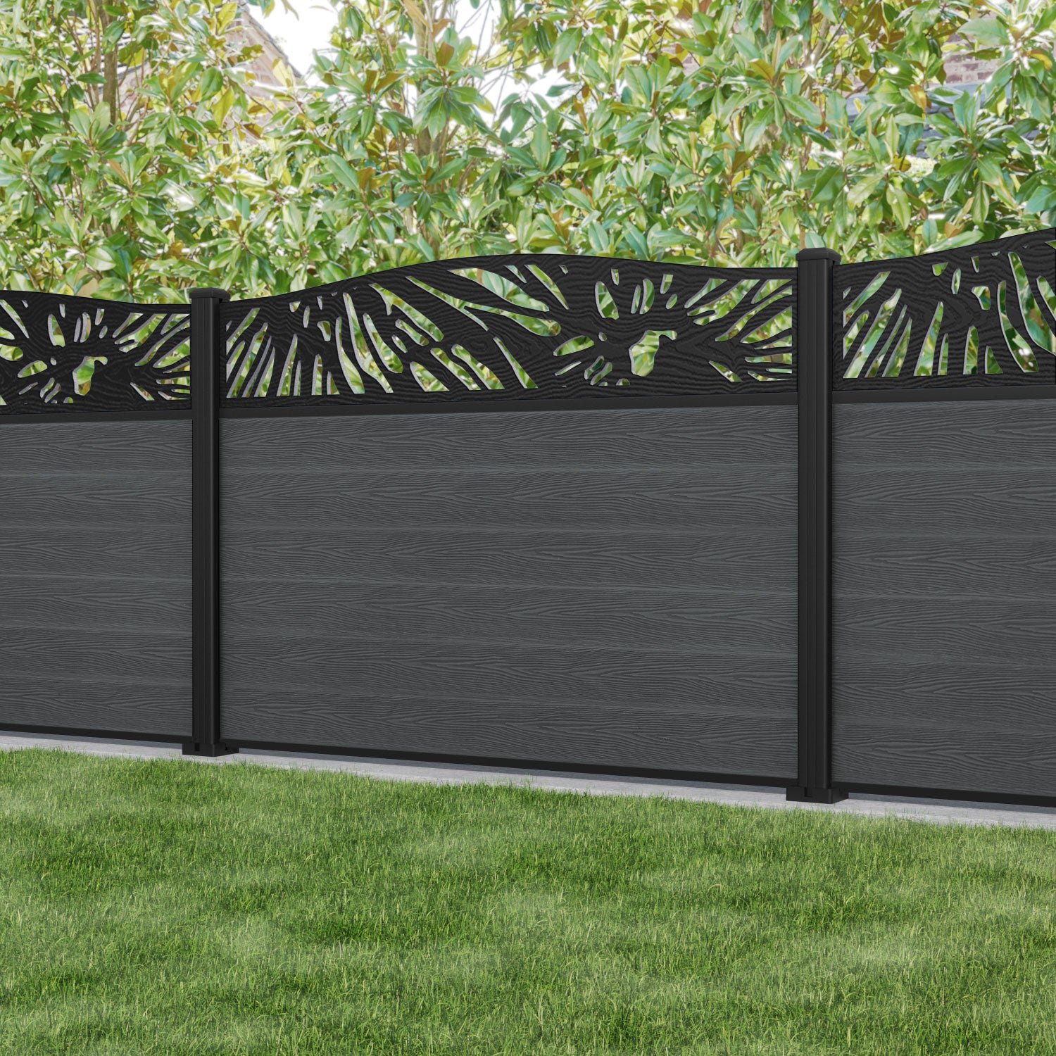 Classic Poppy Curved Top Fence Panel - Dark Grey - with our aluminium posts