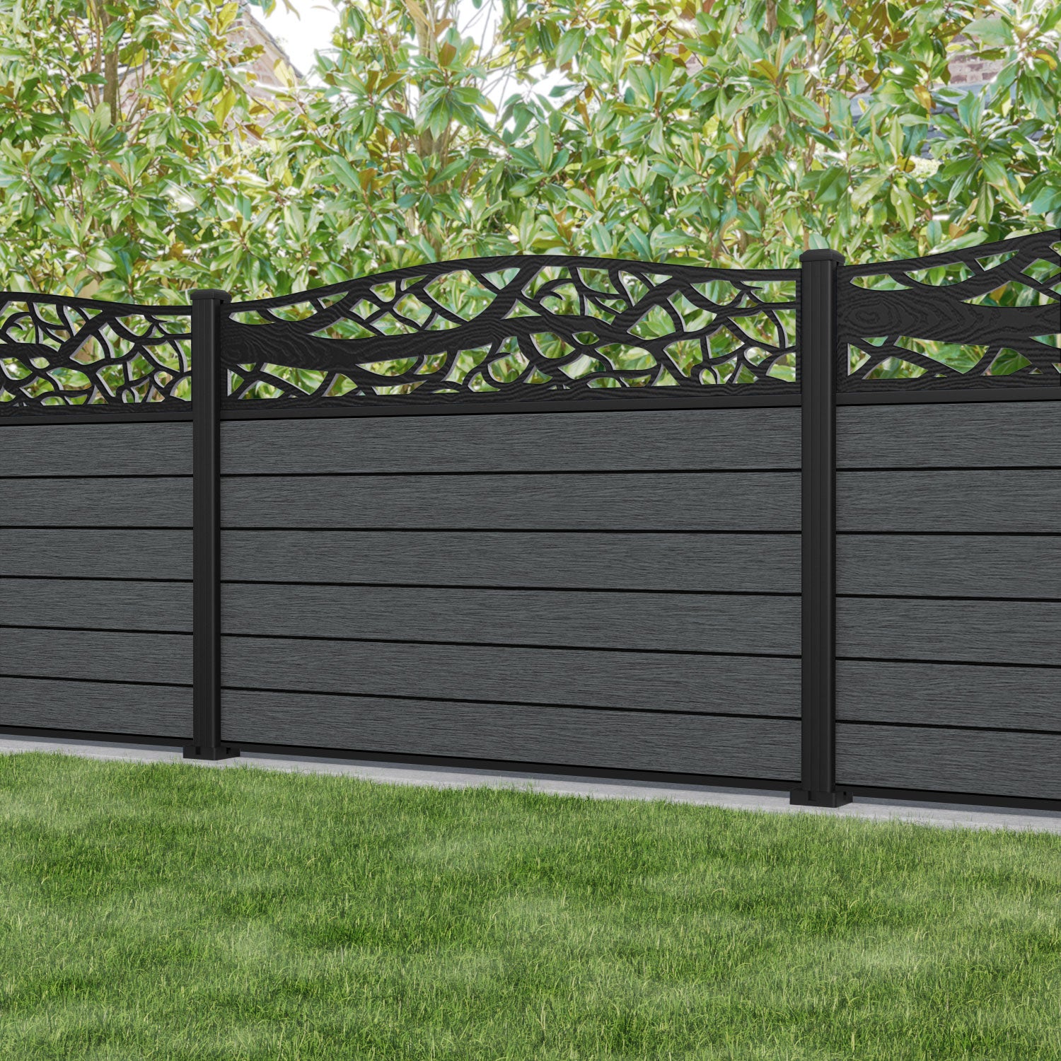 Fusion Twilight Curved Top Fence Panel - Dark Grey - with our aluminium posts