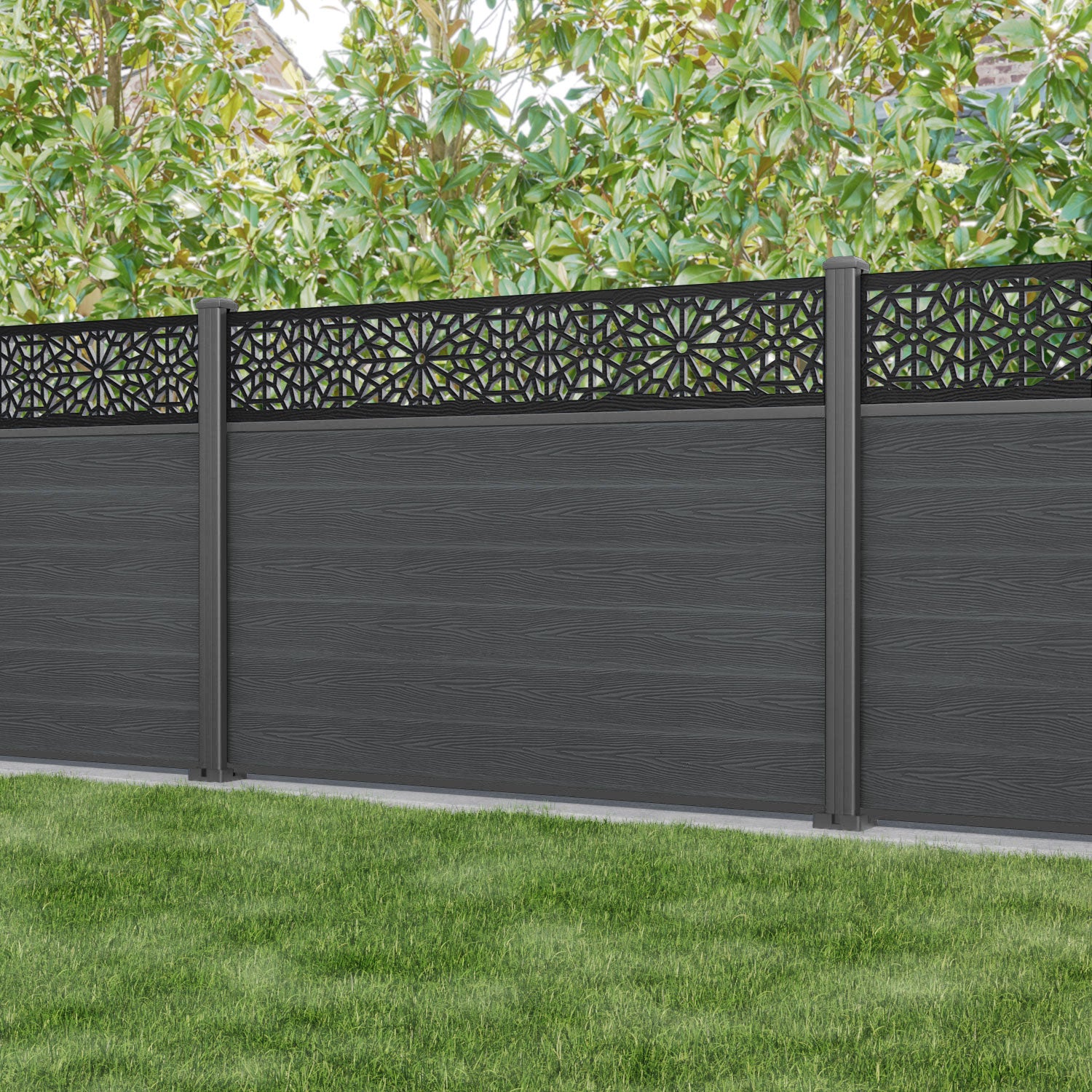 Classic Alnara Fence Panel - Dark Grey - with our aluminium posts