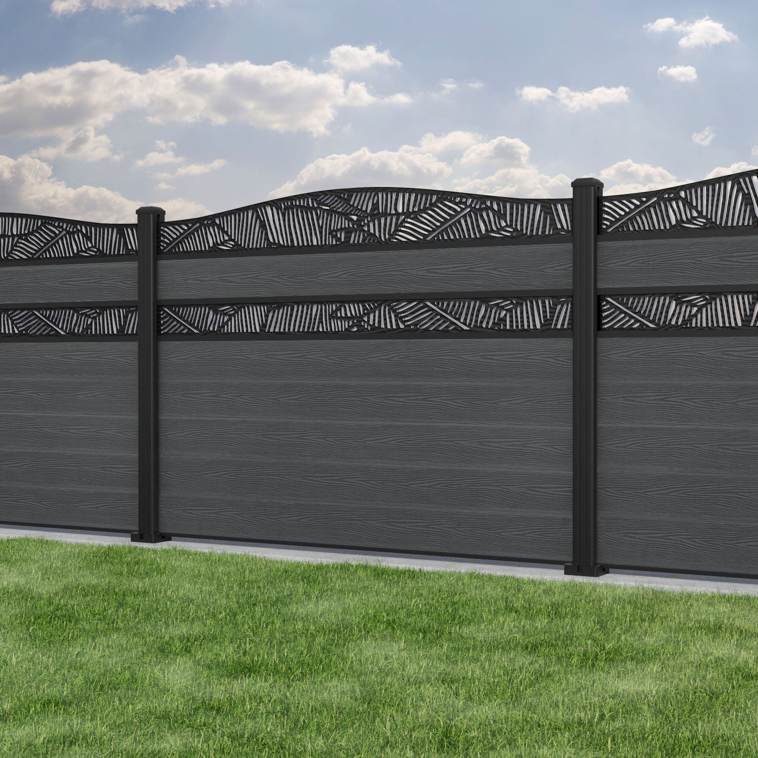 Classic Feather Curved Top Split Screen Fence Panel - Dark Grey - with our aluminium posts