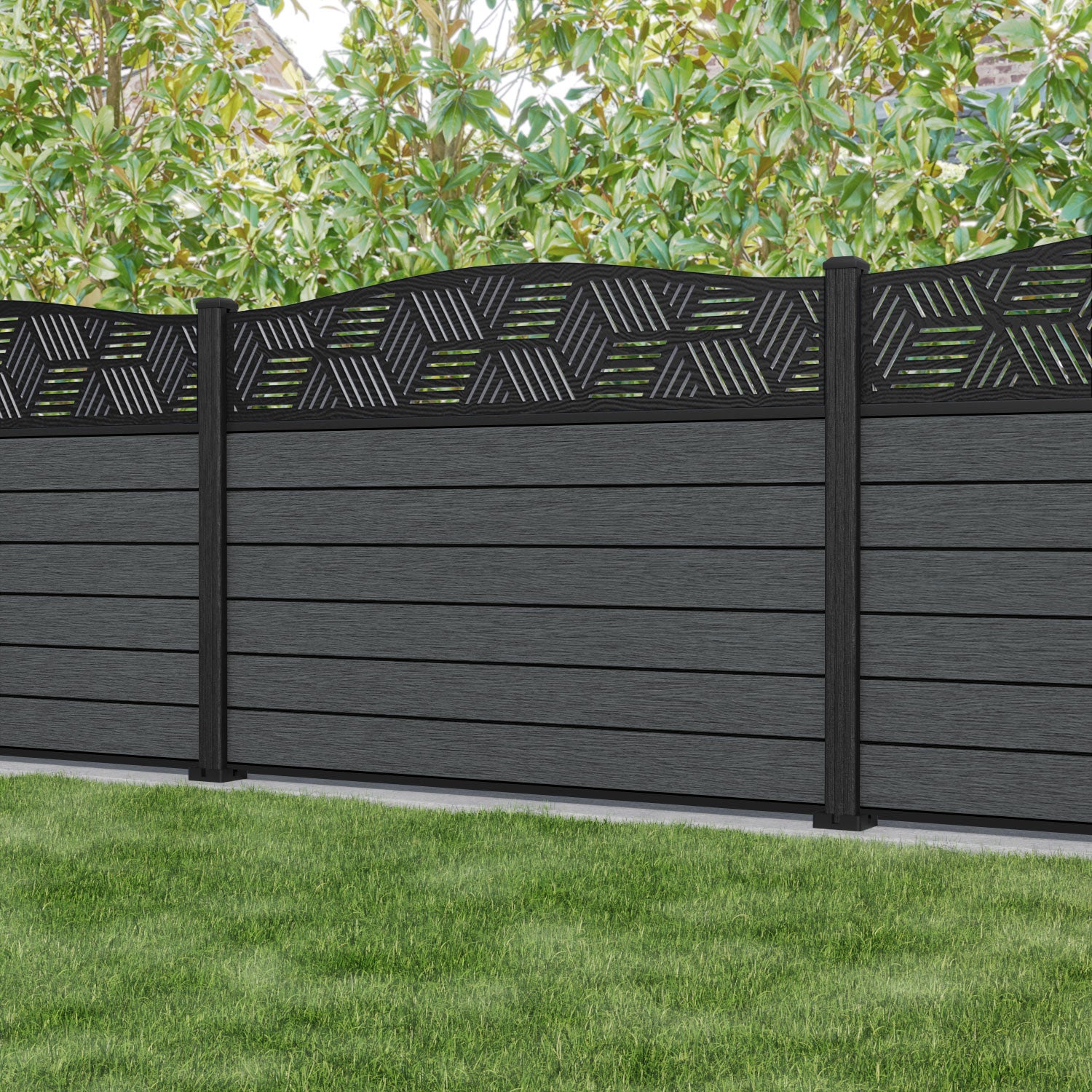 Fusion Cubed Curved Top Fence Panel - Dark Grey - with our composite posts