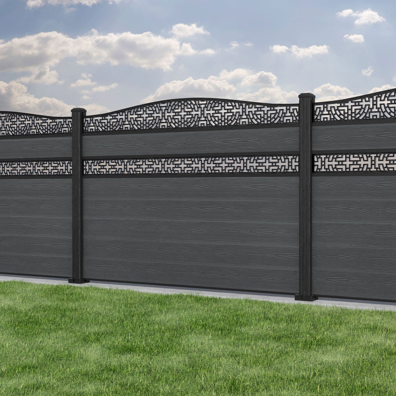 Classic Kumo Curved Top Split Screen Fence Panel - Dark Grey - with our composite posts