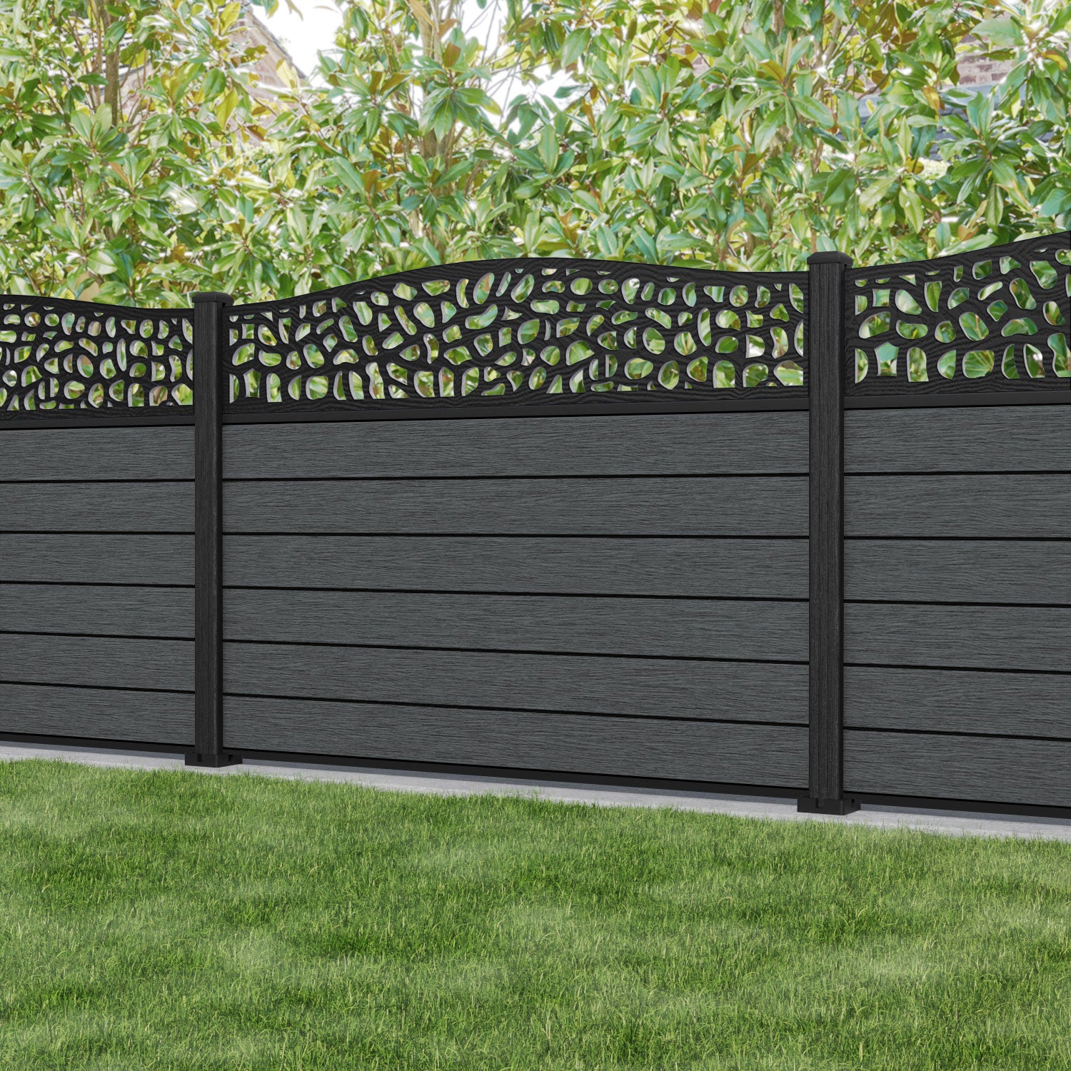 Fusion Pebble Curved Top Fence Panel - Dark Grey - with our composite posts
