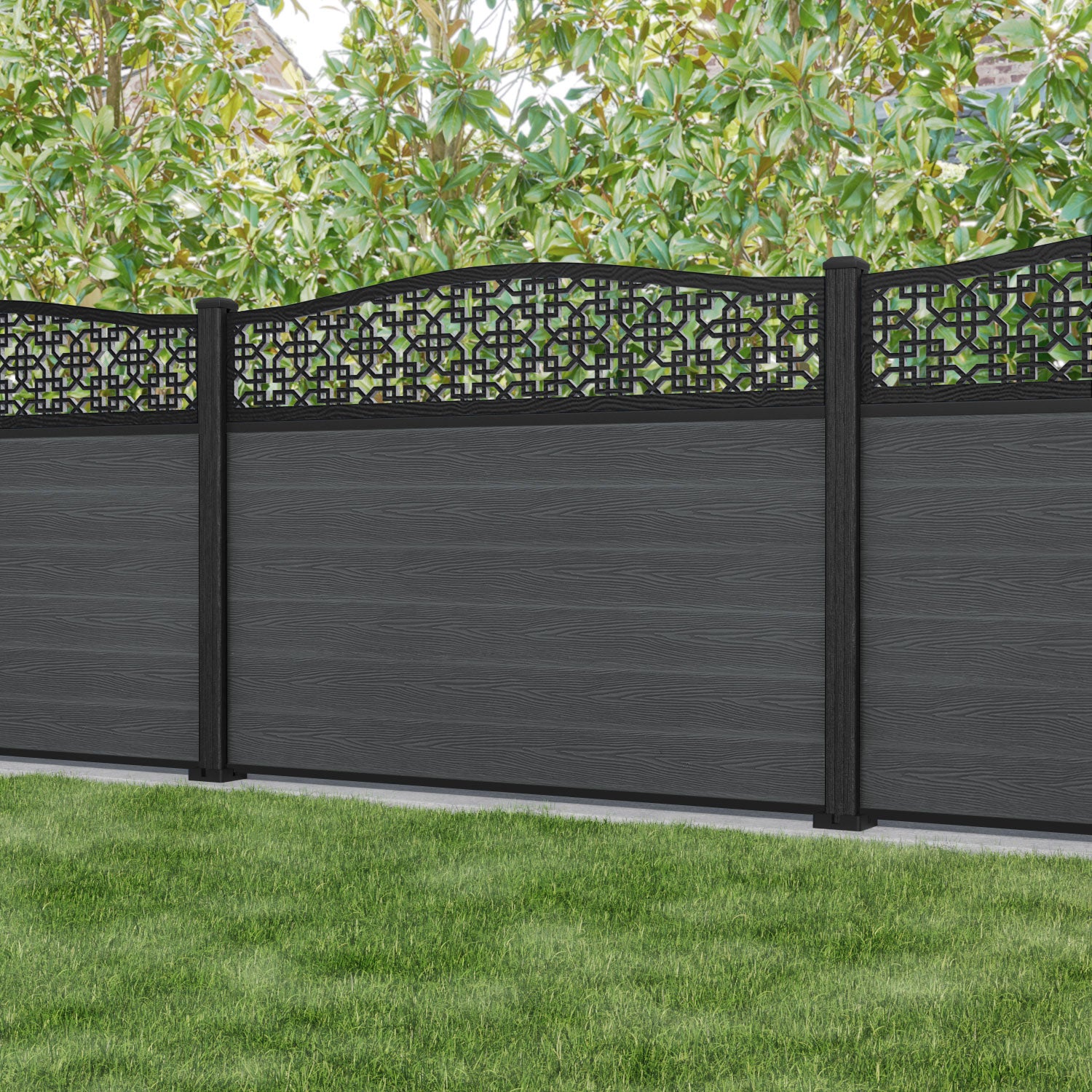 Classic Zaria Curved Top Fence Panel - Dark Grey - with our composite posts
