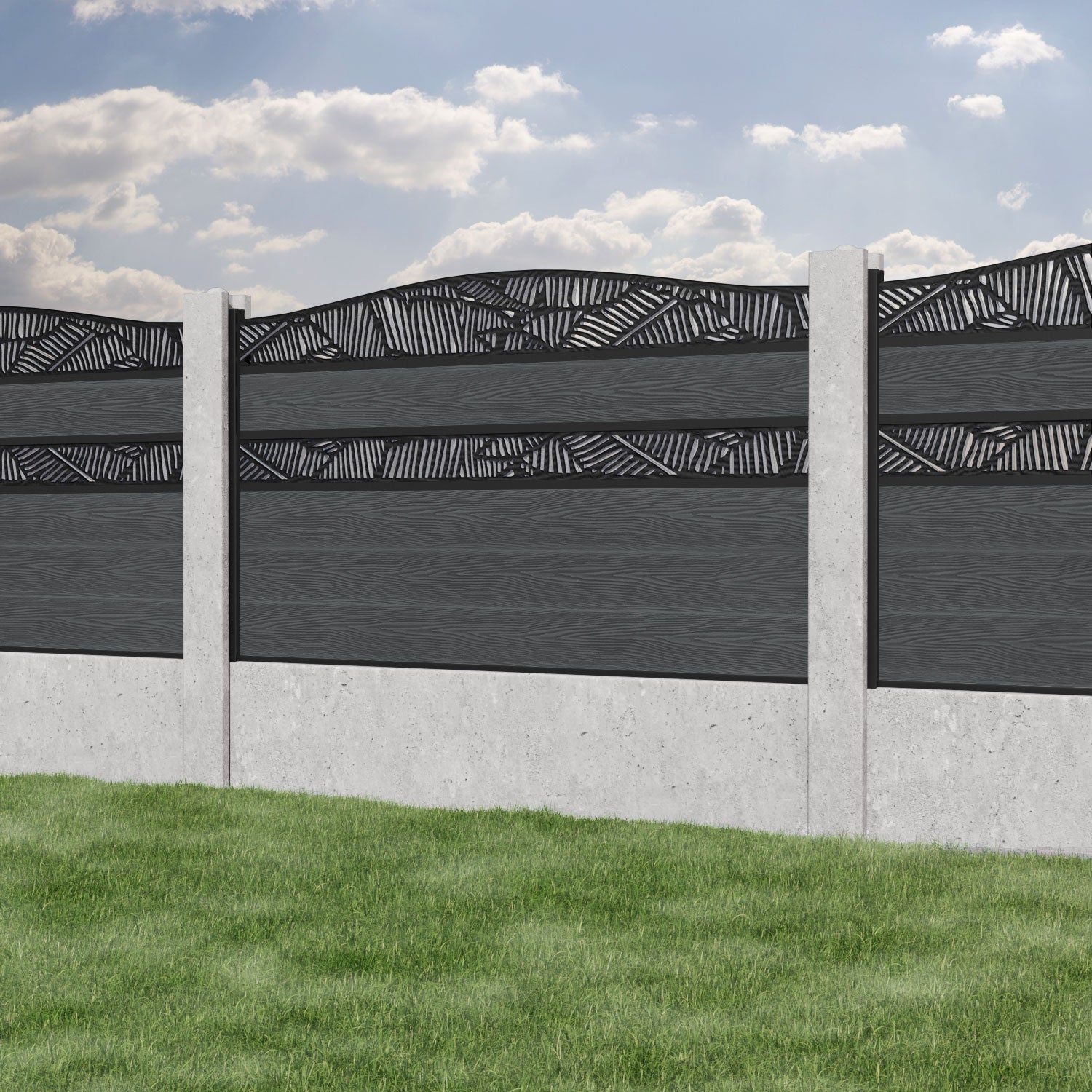 Classic Feather Curved Top Split Screen Fence Panel - Dark Grey - for existing concrete posts