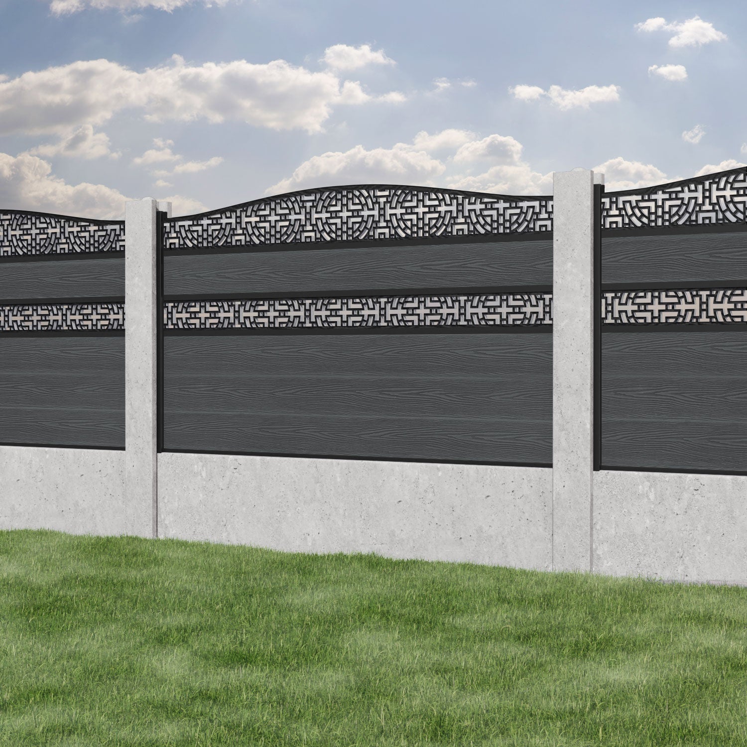 Classic Kumo Curved Top Split Screen Fence Panel - Dark Grey - for existing concrete posts