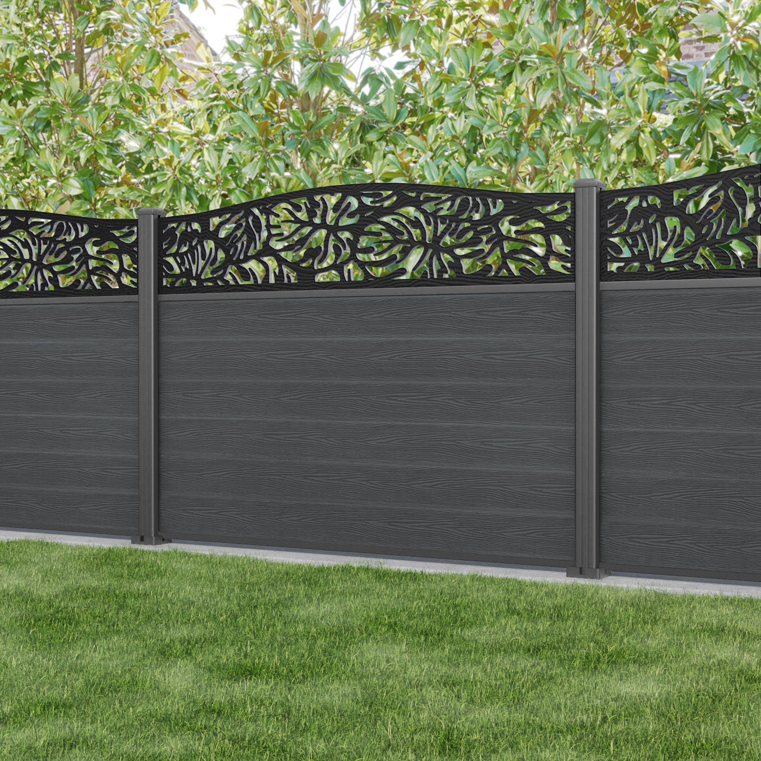 Fusion Botanic Curved Top Fence Panel - Dark Grey - with our aluminium posts