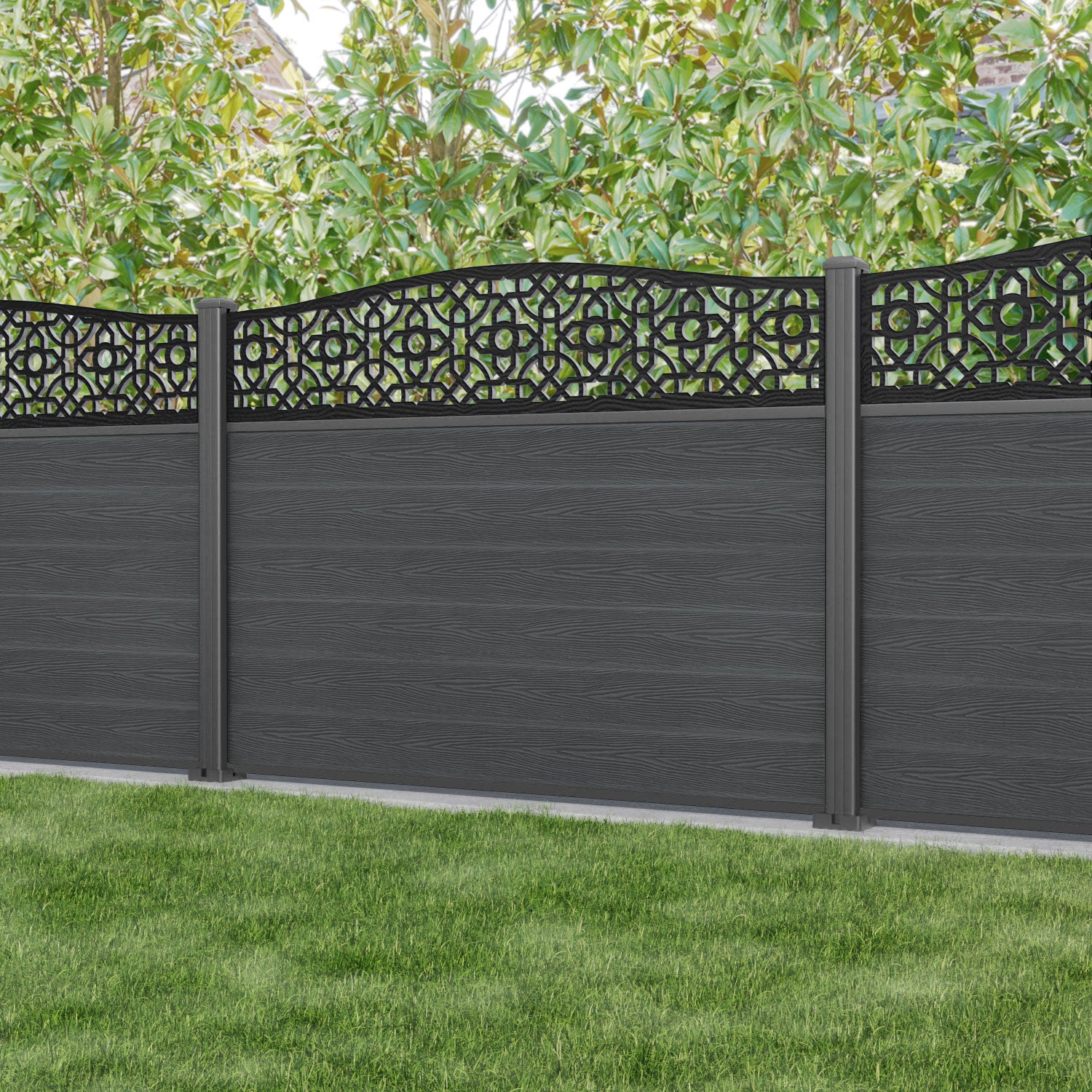 Fusion Nabila Curved Top Fence Panel - Dark Grey - with our aluminium posts