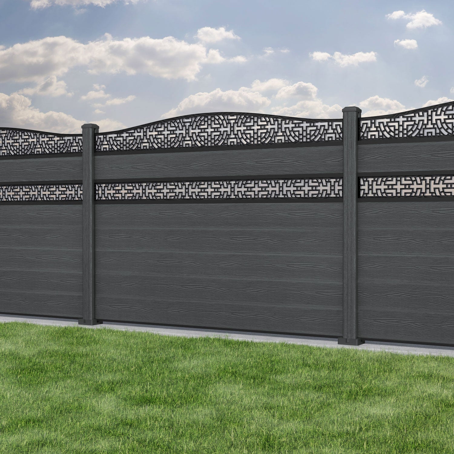 Classic Kumo Curved Top Split Screen Fence Panel - Dark Grey - with our composite posts