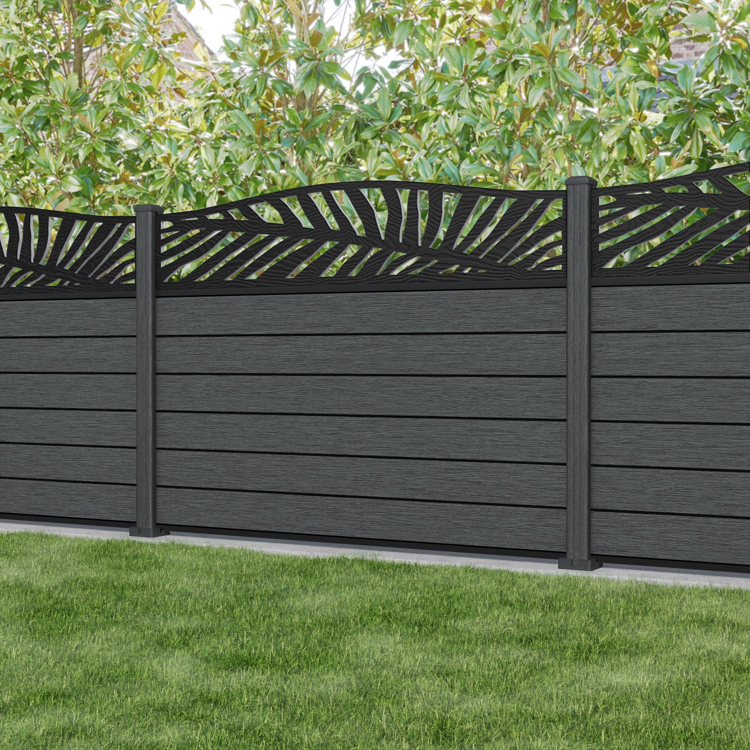 Fusion Palm Curved Top Fence Panel - Dark Grey - with our composite posts