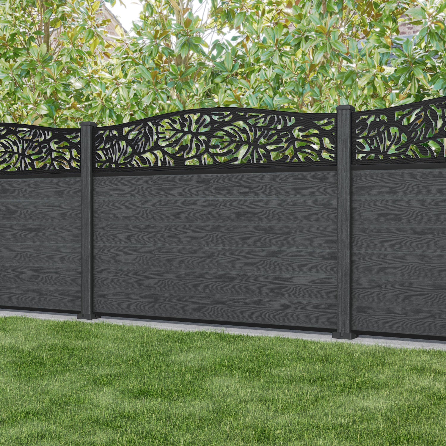 Fusion Botanic Curved Top Fence Panel - Dark Grey - with our composite posts