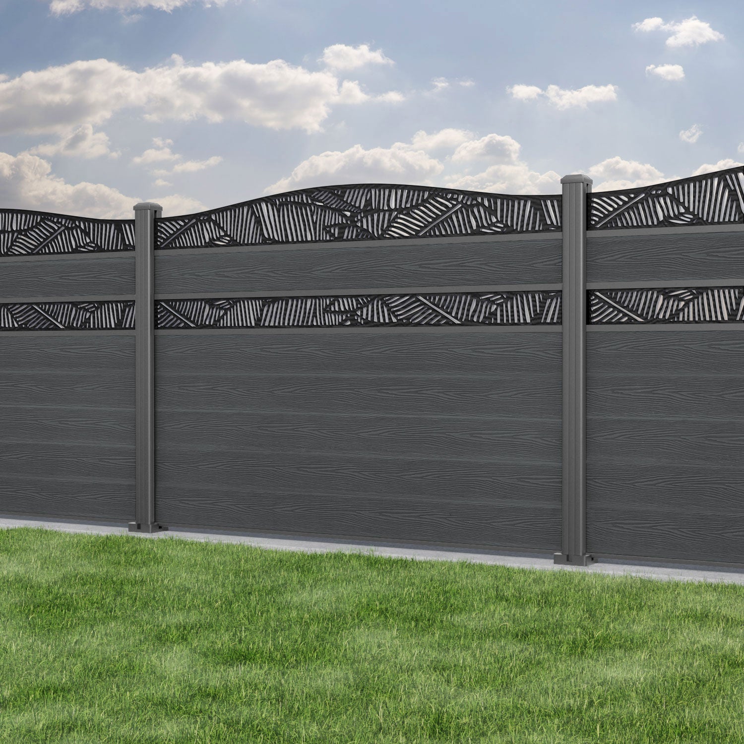 Classic Feather Curved Top Split Screen Fence Panel - Dark Grey - with our aluminium posts