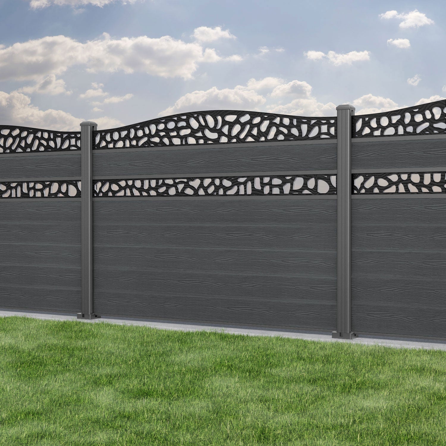 Classic Pebble Curved Top Split Screen Fence Panel - Dark Grey - with our aluminium posts