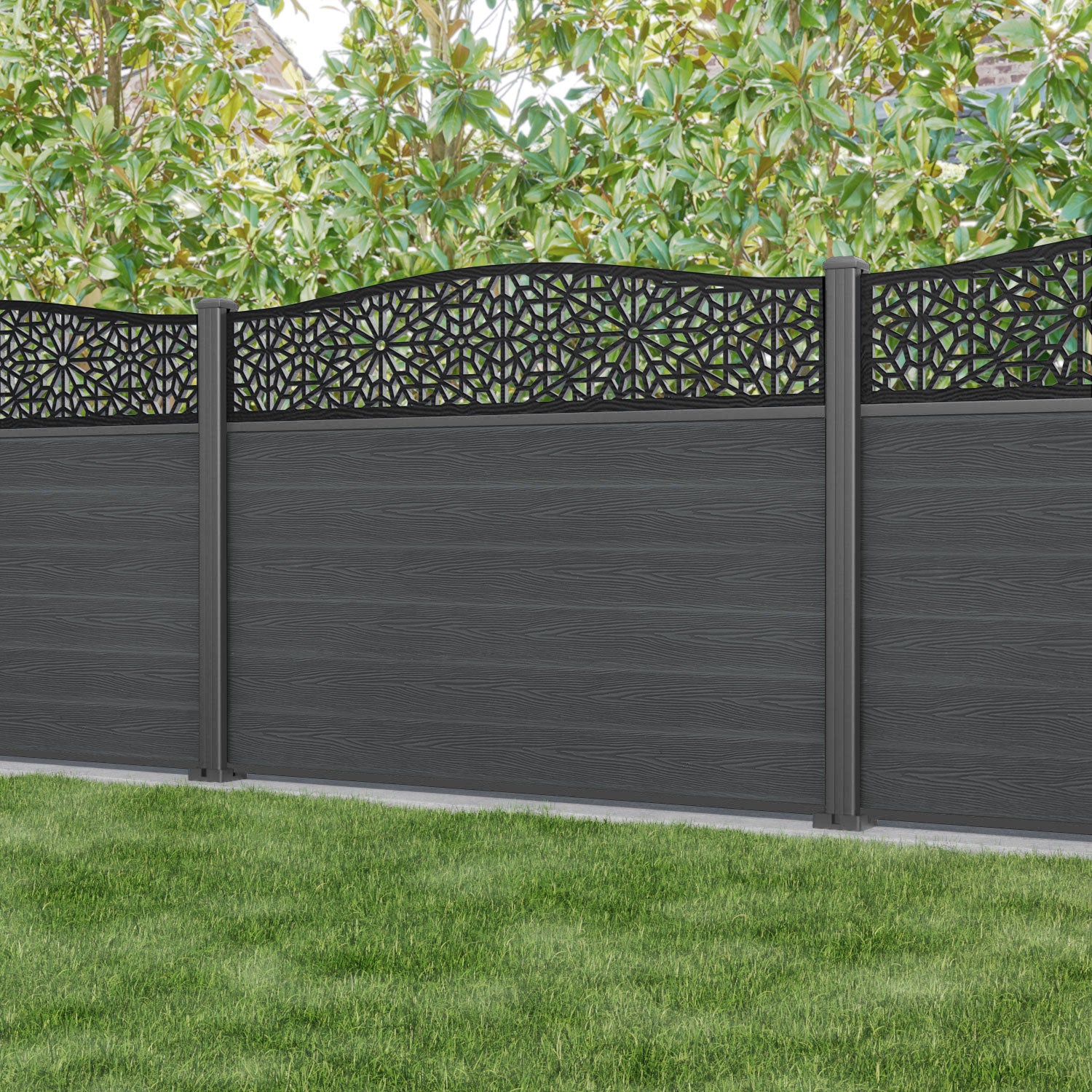 Classic Alnara Curved Top Fence Panel - Dark Grey - with our aluminium posts