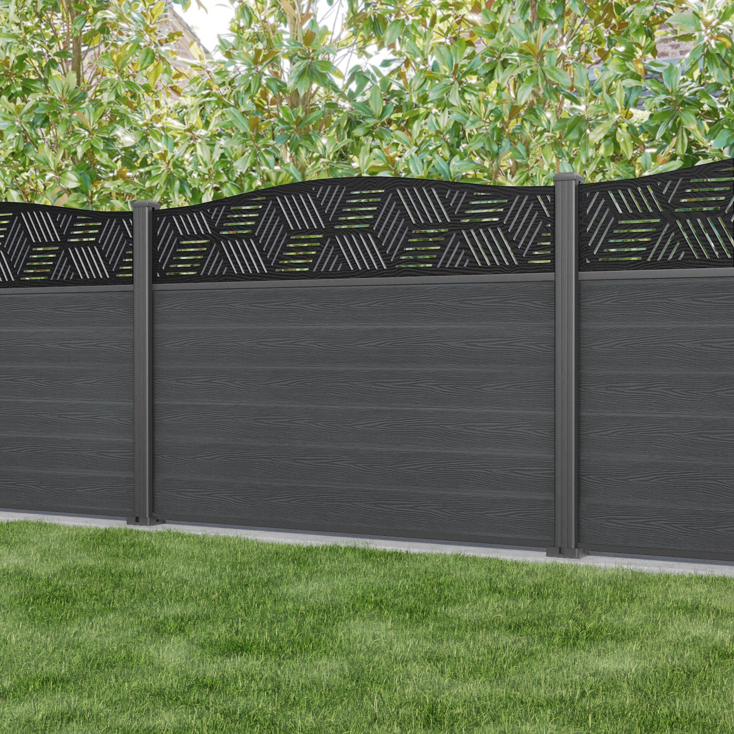 Classic Cubed Curved Top Fence Panel - Dark Grey - with our aluminium posts