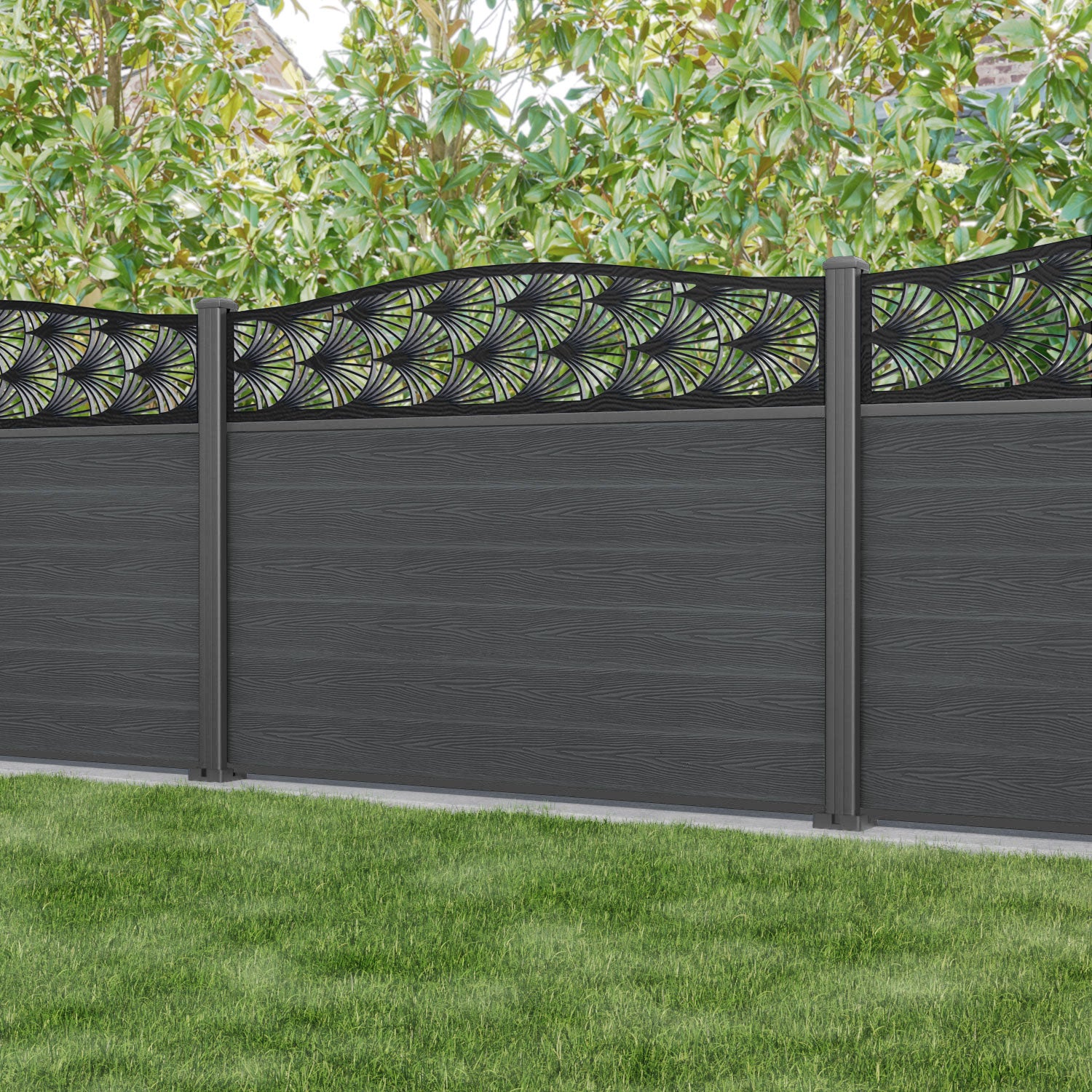 Classic Laurel Curved Top Fence Panel - Dark Grey - with our aluminium posts