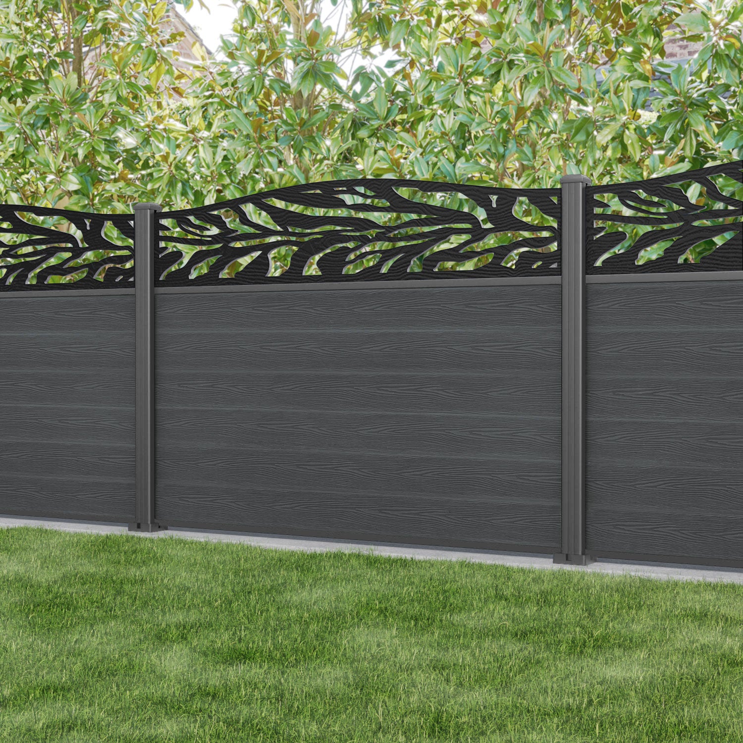 Classic Malawi Curved Top Fence Panel - Dark Grey - with our aluminium posts